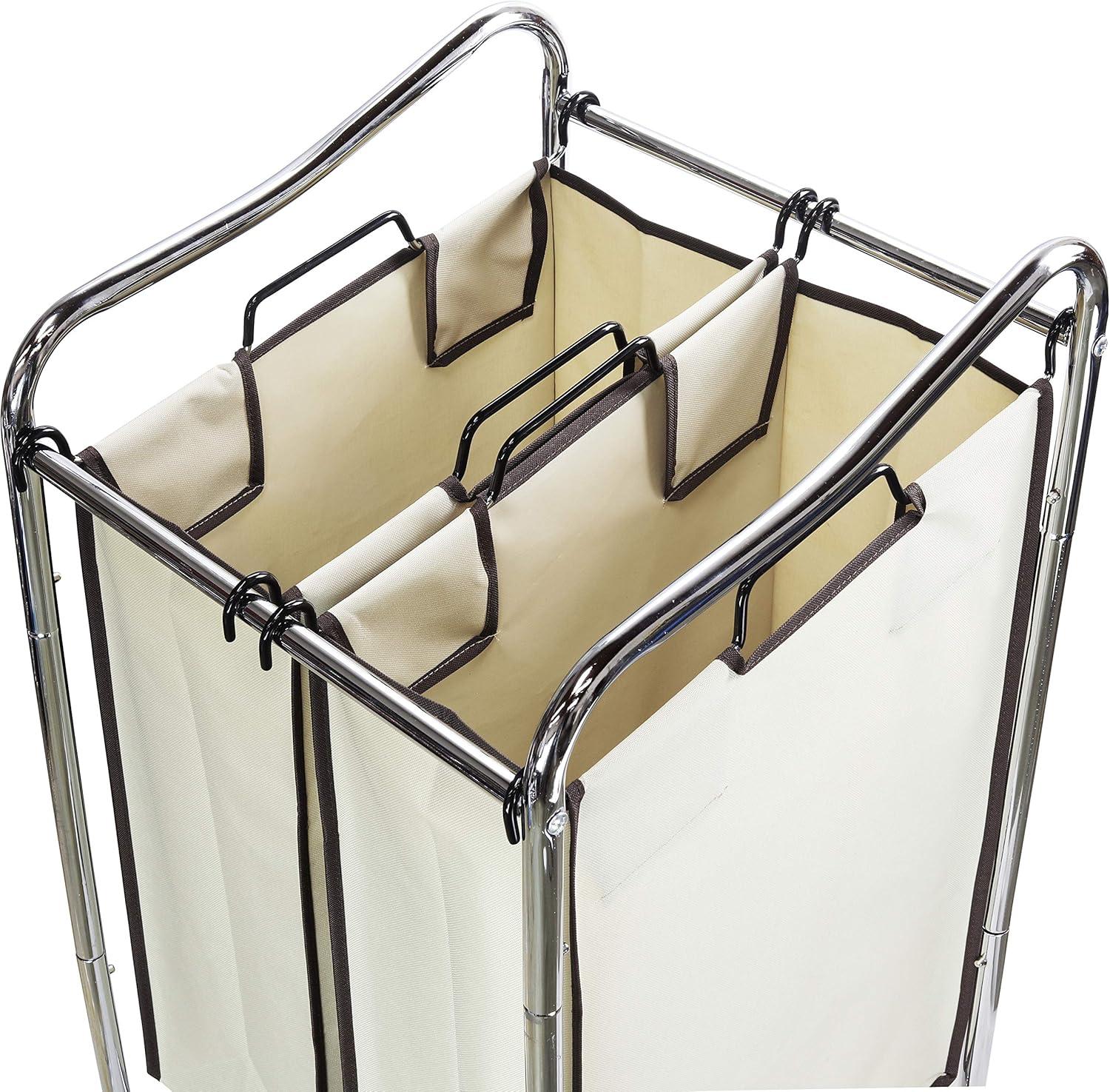 Chrome Frame Laundry Sorter with Beige Removable Bags and Wheels