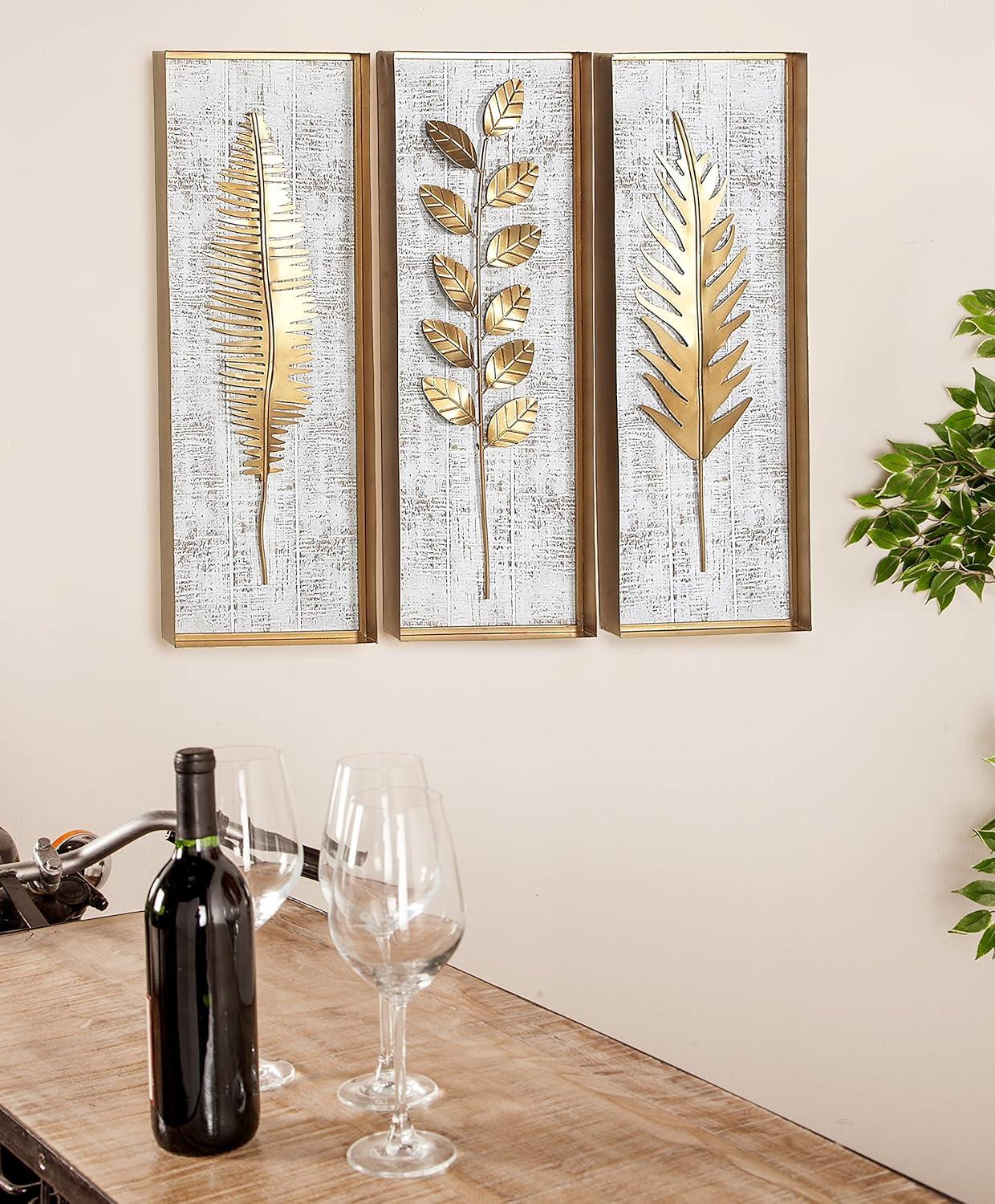 Gold and White Rectangular 3D Leaf Wall Sculpture Set