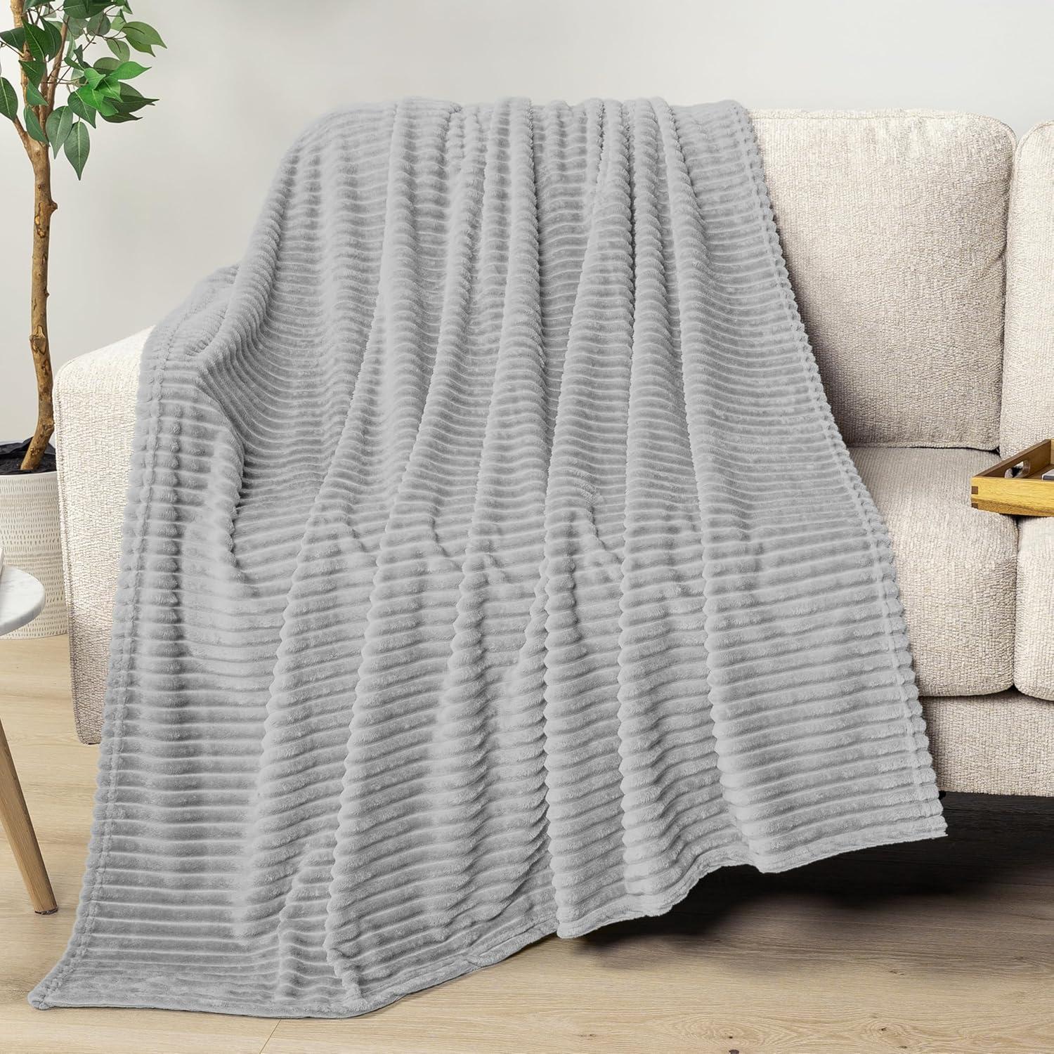 PAVILIA Super Soft Fleece Flannel Ribbed Striped Throw Blanket, Luxury Fuzzy Plush Warm Cozy for Sofa Couch Bed