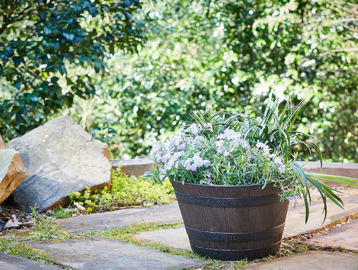 22.5" Brown Resin Whiskey Barrel Outdoor Planter with Wheels