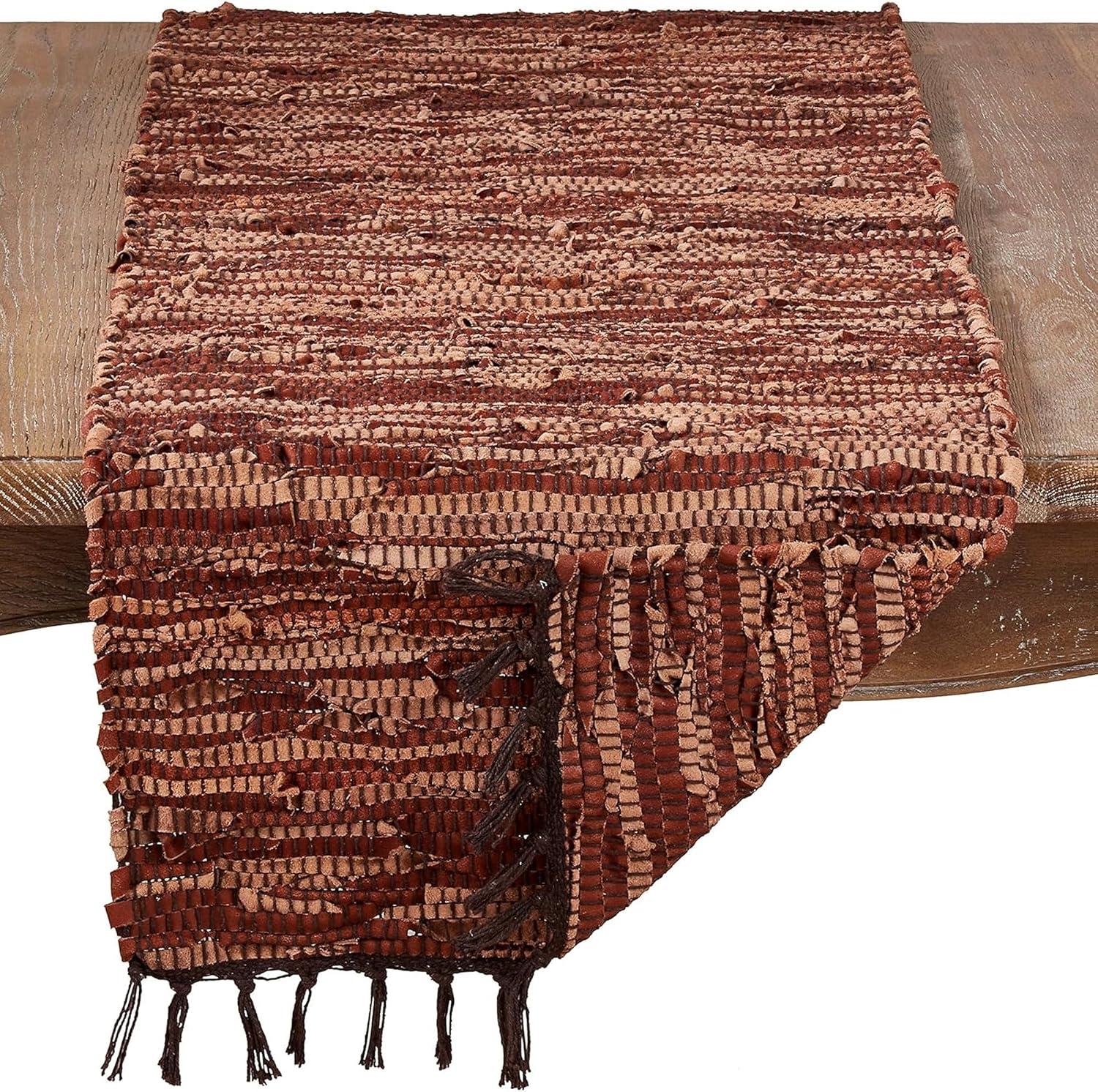 Saro Lifestyle Brown Leather Chindi Table Runner