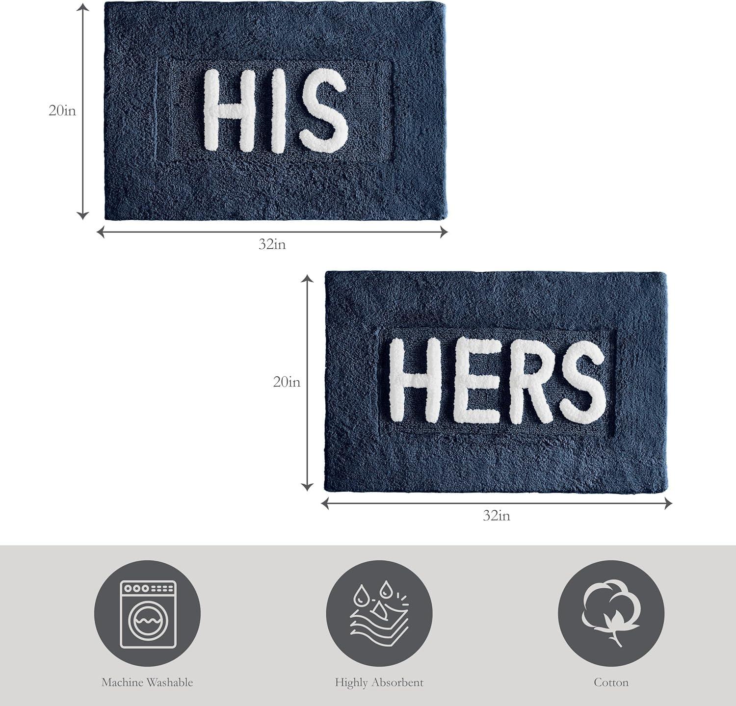 Creative Home Ideas Cotton 2-Piece Bath Rug Set - Soft Cotton Bath Mat - Bathroom Decor - Water Absorbent and Machine Washable - Measures 20"x32" - His & Hers - Navy