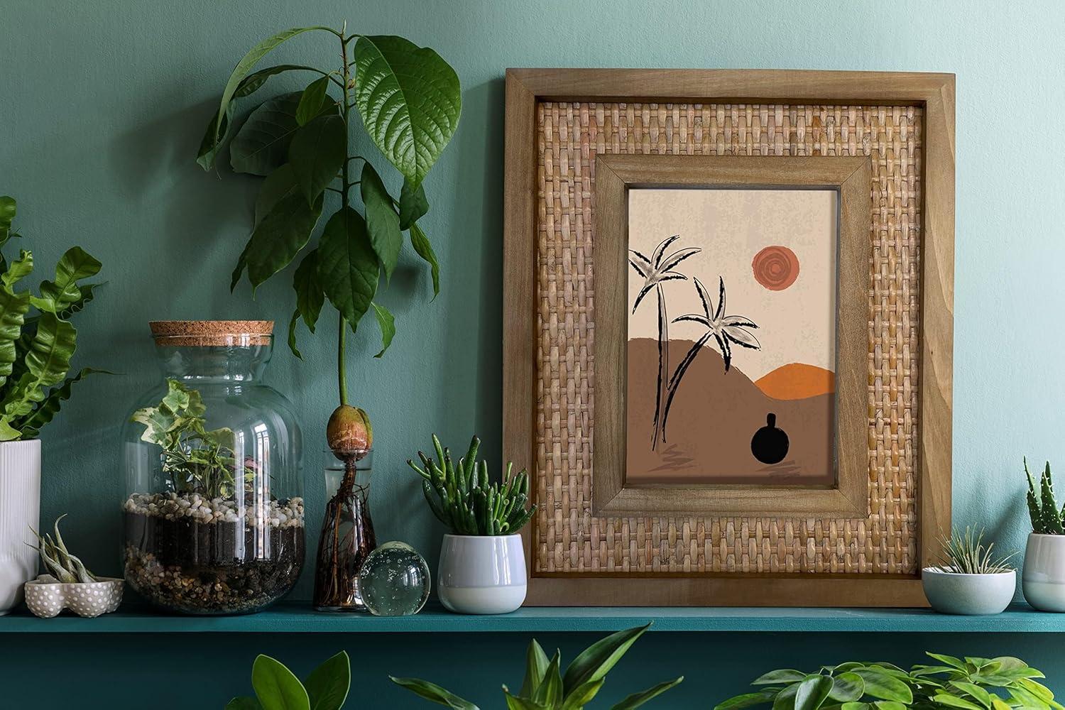 Rattan and Wood Picture Frame for 5x7 Inch Photos | Coastal or Boho Picture Frame | Tabletop Stand and Wall Mount | Single Display or Gallery Wall