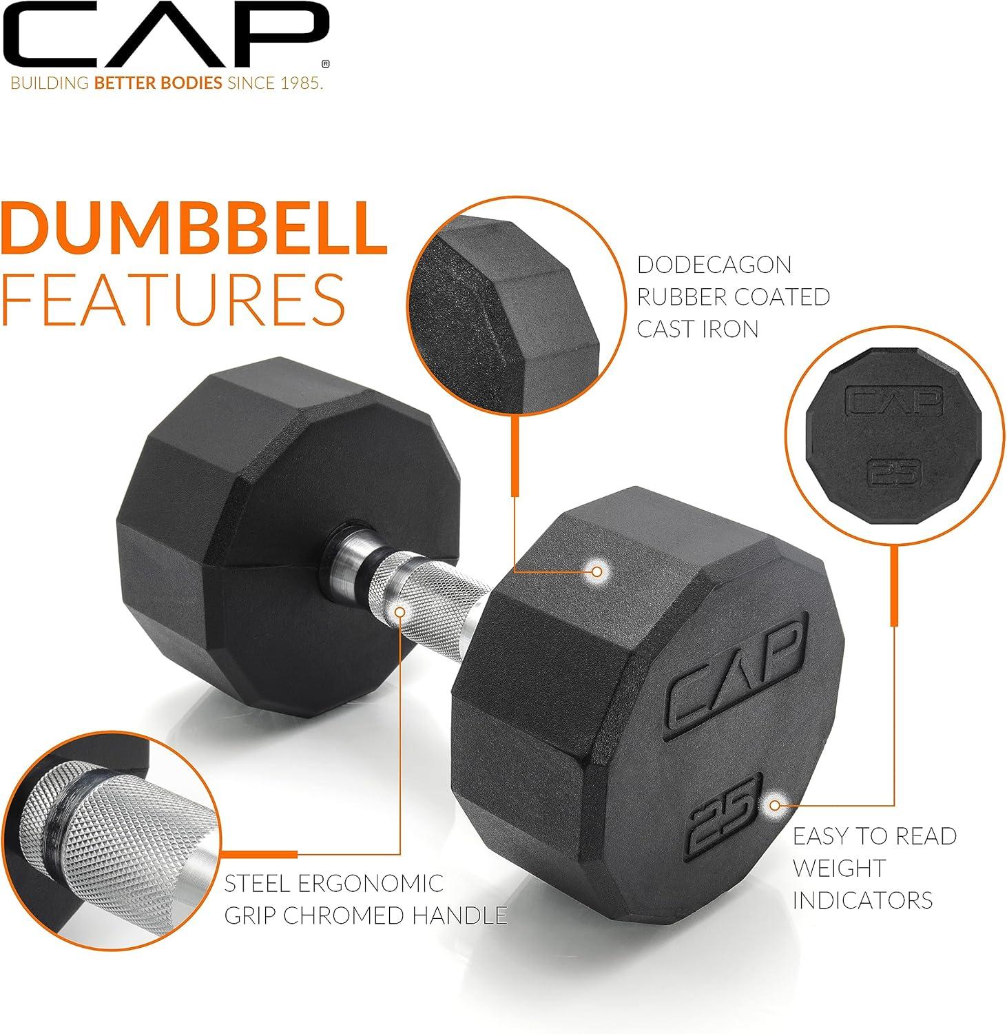 CAP Barbell Rubber Coated Dumbbell Weight Set with Vertical Rack | 100 lb, 150 lb, and 210 lb Options