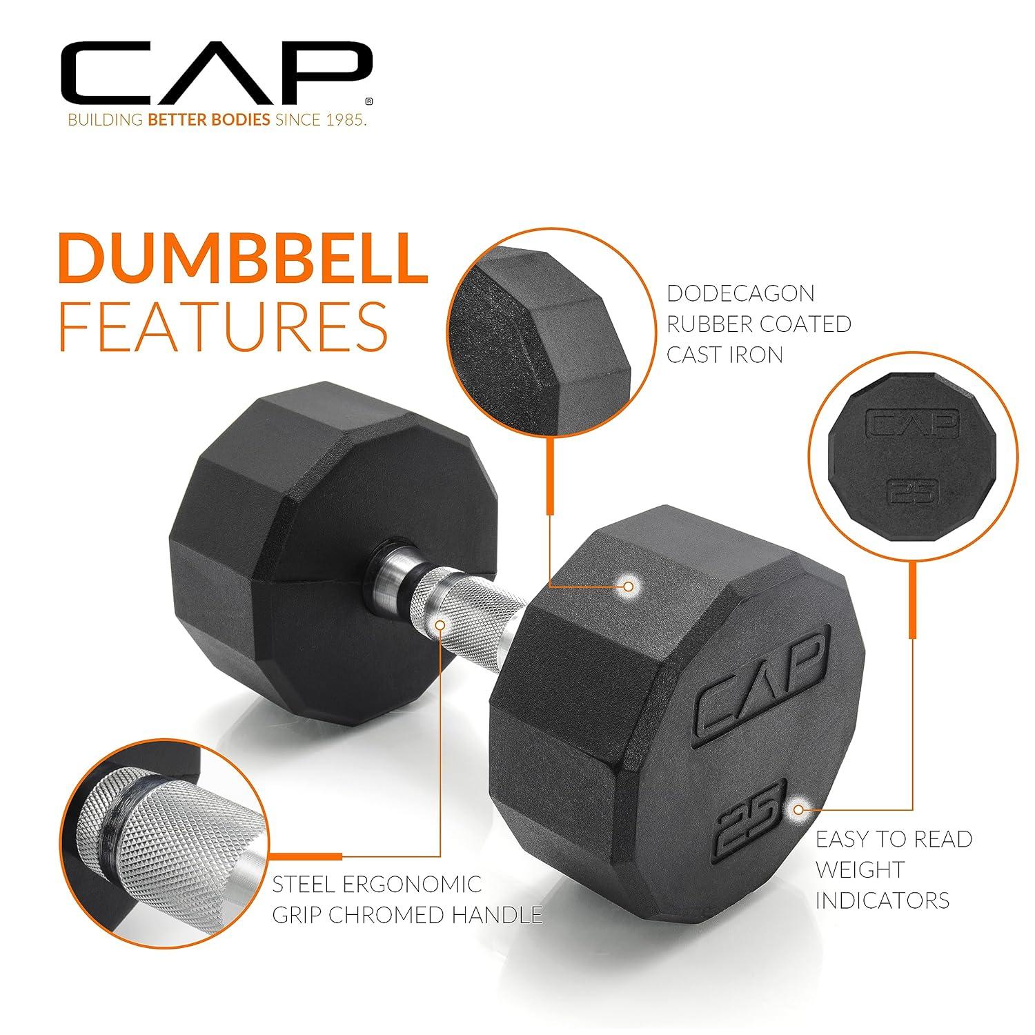 CAP Barbell Rubber Coated Dumbbell Weight Set with Vertical Rack | 100 lb, 150 lb, and 210 lb Options