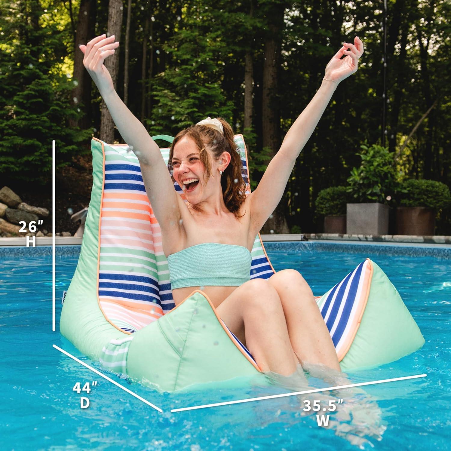 Big Joe Captain's Float No Inflation Needed Pool Lounger, Rivera Stripe Turquoise Double Sided Mesh, Quick Draining Fabric, 3 feet
