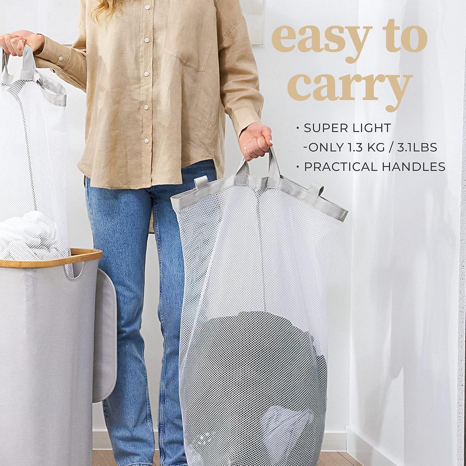 Hennez® Double Laundry Hamper with Lid, 2x Removable Bags, Thic Fabric, Bamboo Hamper 140Liter - 36gal - Light Gray