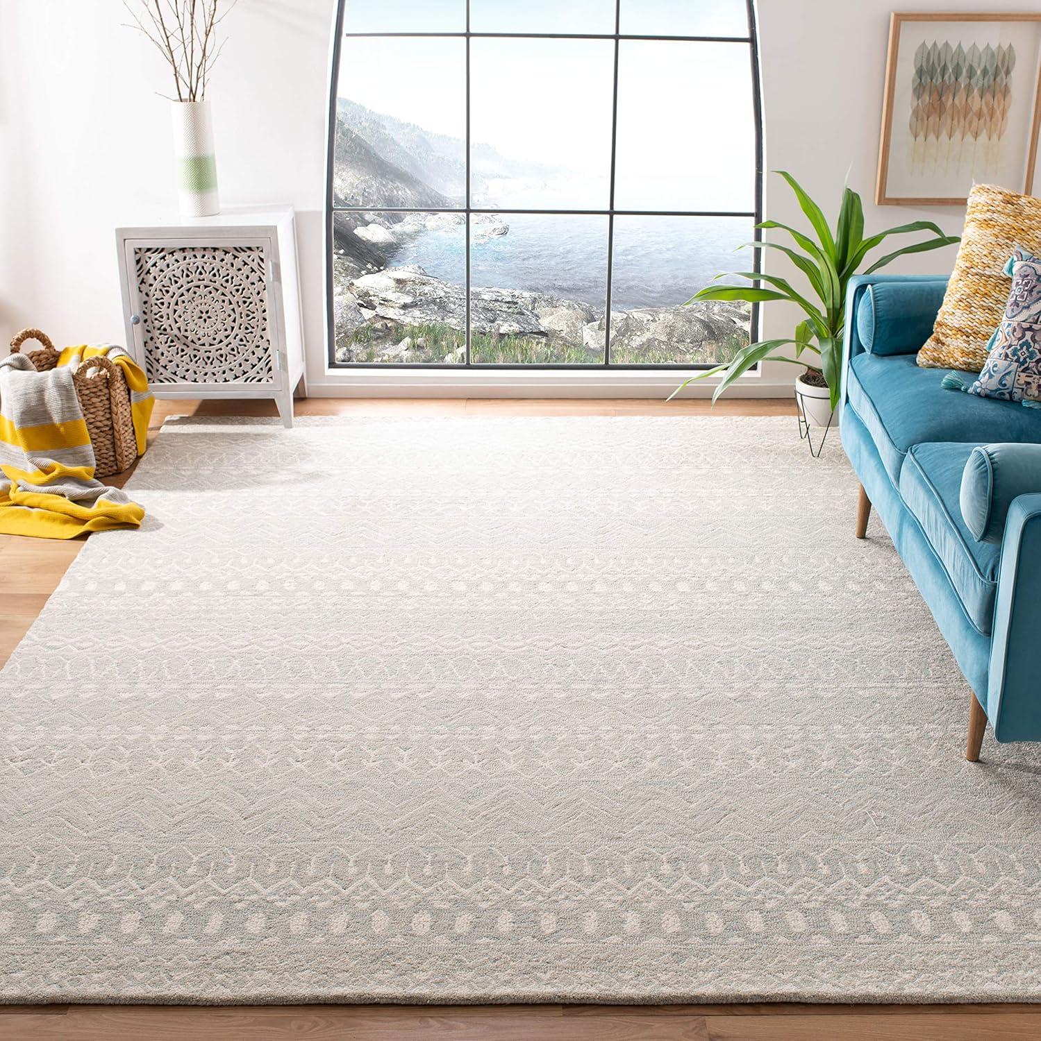 SAFAVIEH Micro-Loop Daithi Geometric Aztec Wool Area Rug, Aqua/Ivory, 9' x 12'