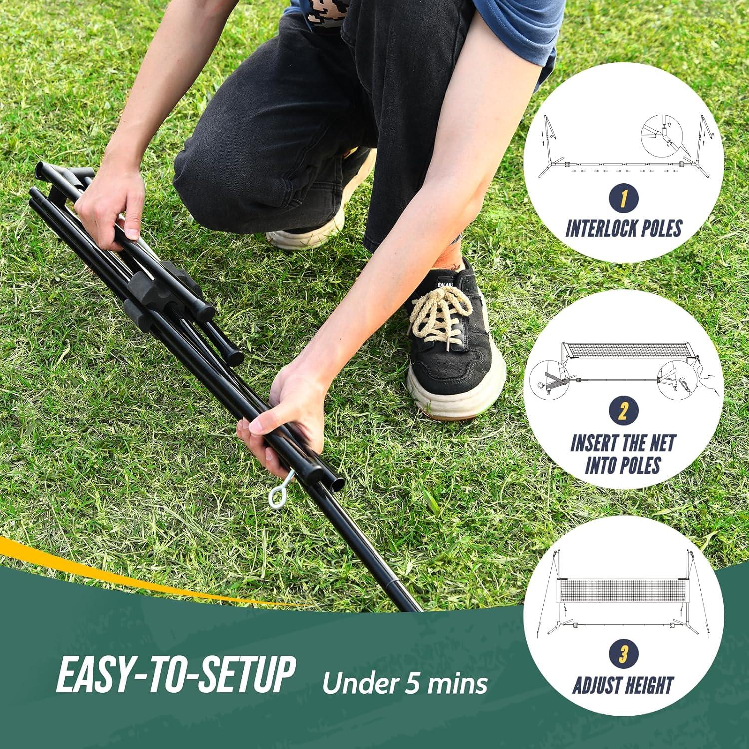 17FT Badminton Volleyball Combo Net Set for Backyard, 5.1ft-7.4ft Adjustable Heigh Portable Sports Net with Poles, 4 Badminton Rackets, 3 Shuttlecocks and Volleyball for Driveway Game