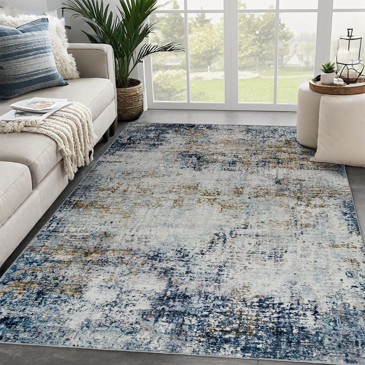 WhizMax 5'x7' Modern Blue Abstract Area Rug Machine Washable Contemporary Rug Soft Foldable Thin Accent Rug Anti-Slip Non-Shedding Floor Carpet