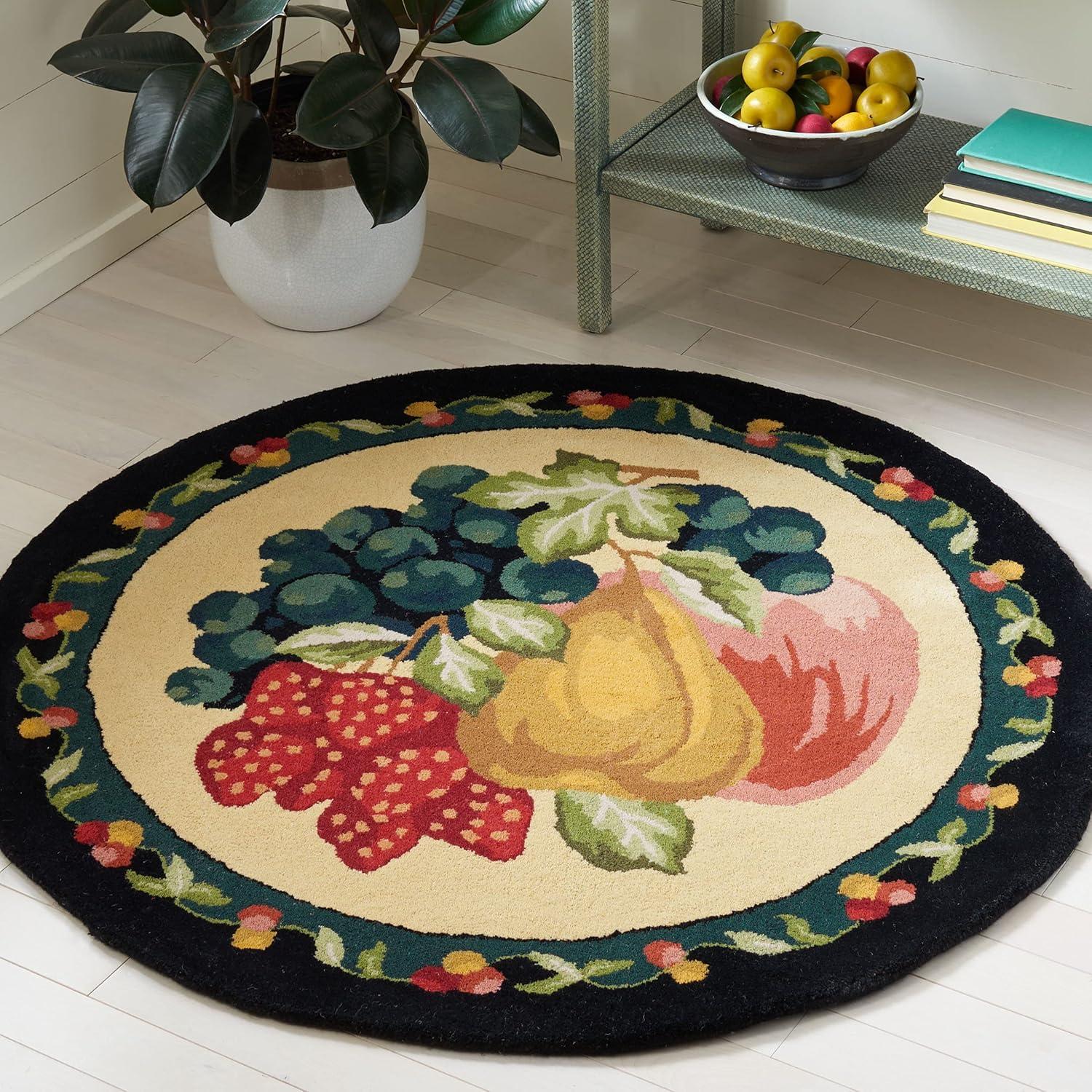 Black and Ivory Round Hand-Tufted Wool Rug with Fruit Design