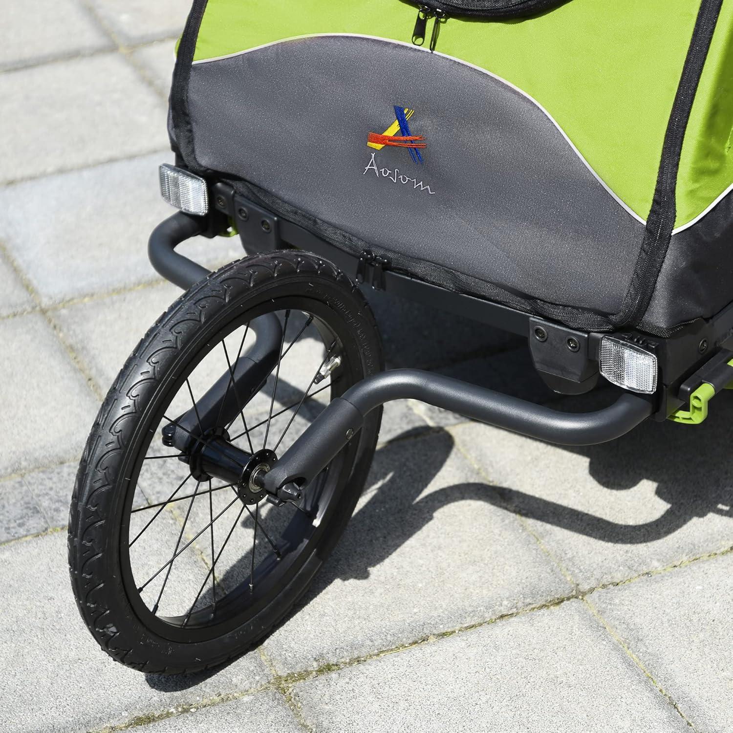 Aosom Bike Trailer for Kids 3 In1 Foldable Child Jogger Stroller Baby Stroller Transport Carrier with Shock Absorber System Rubber Tires Adjustable Handlebar Kid Bicycle Trailer Green and Gray