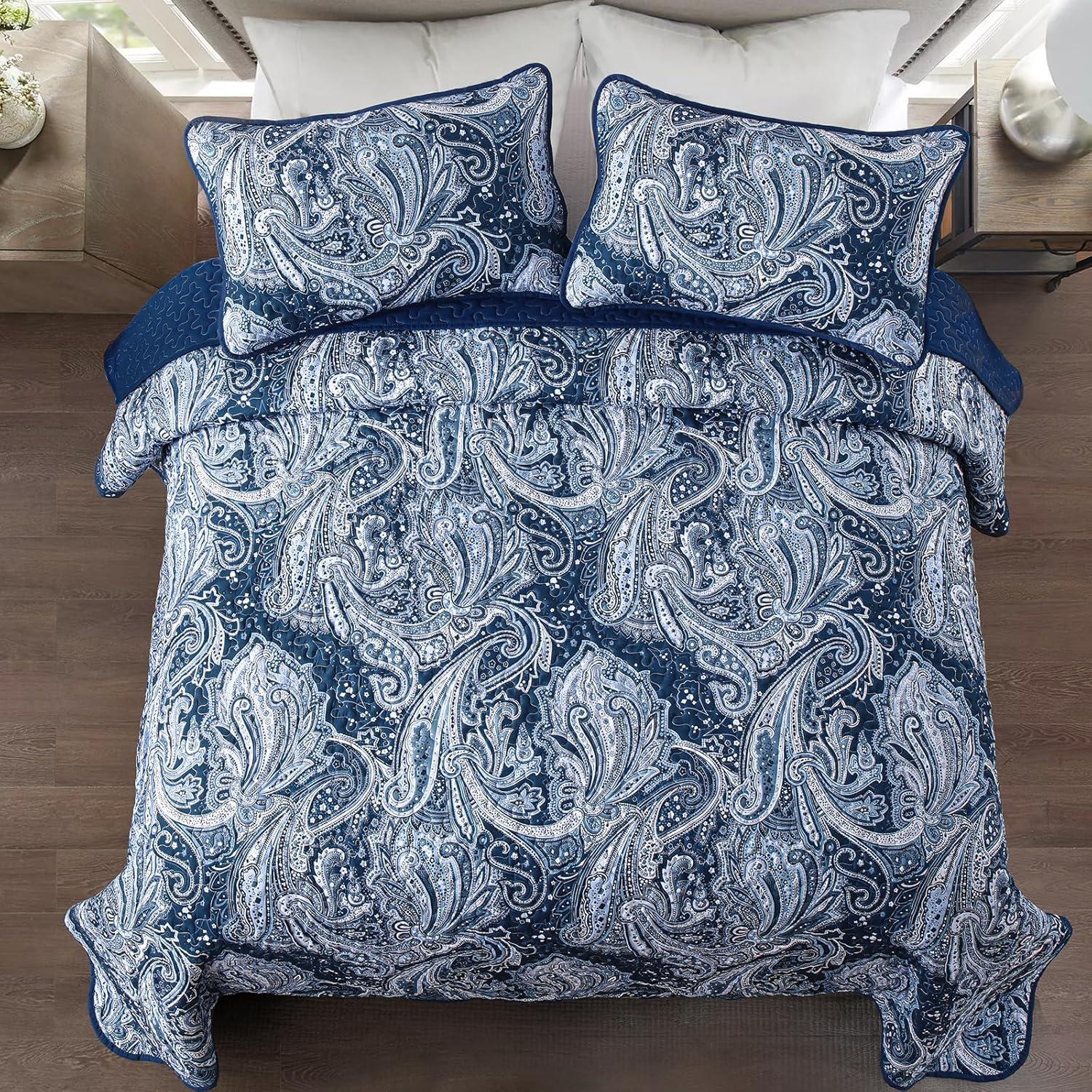 DJY Navy Paisley Quilt Set Queen Boho Bedspread Coverlet Set 3 Pieces, Soft Lightweight Microfiber Navy Blue Paisley Floral Pattern Bedding for All Season, 96"x90"