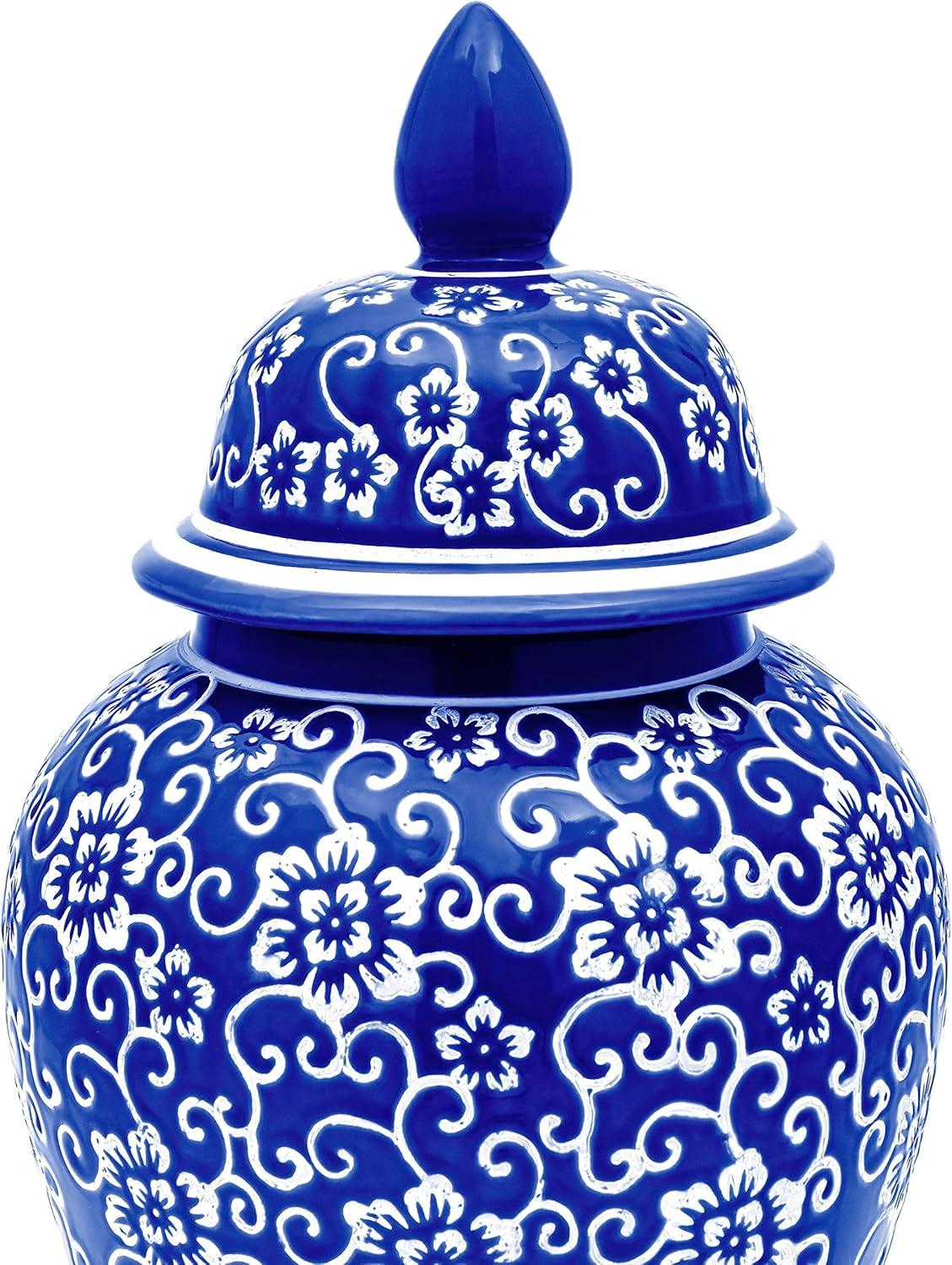 18" White Flowers on Blue Temple Jar