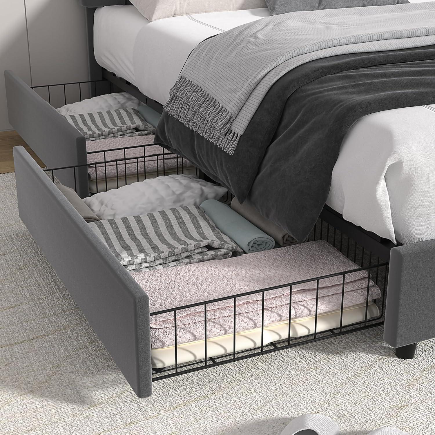 Queen Size Gray Velvet Upholstered Bed Frame with Storage Drawers