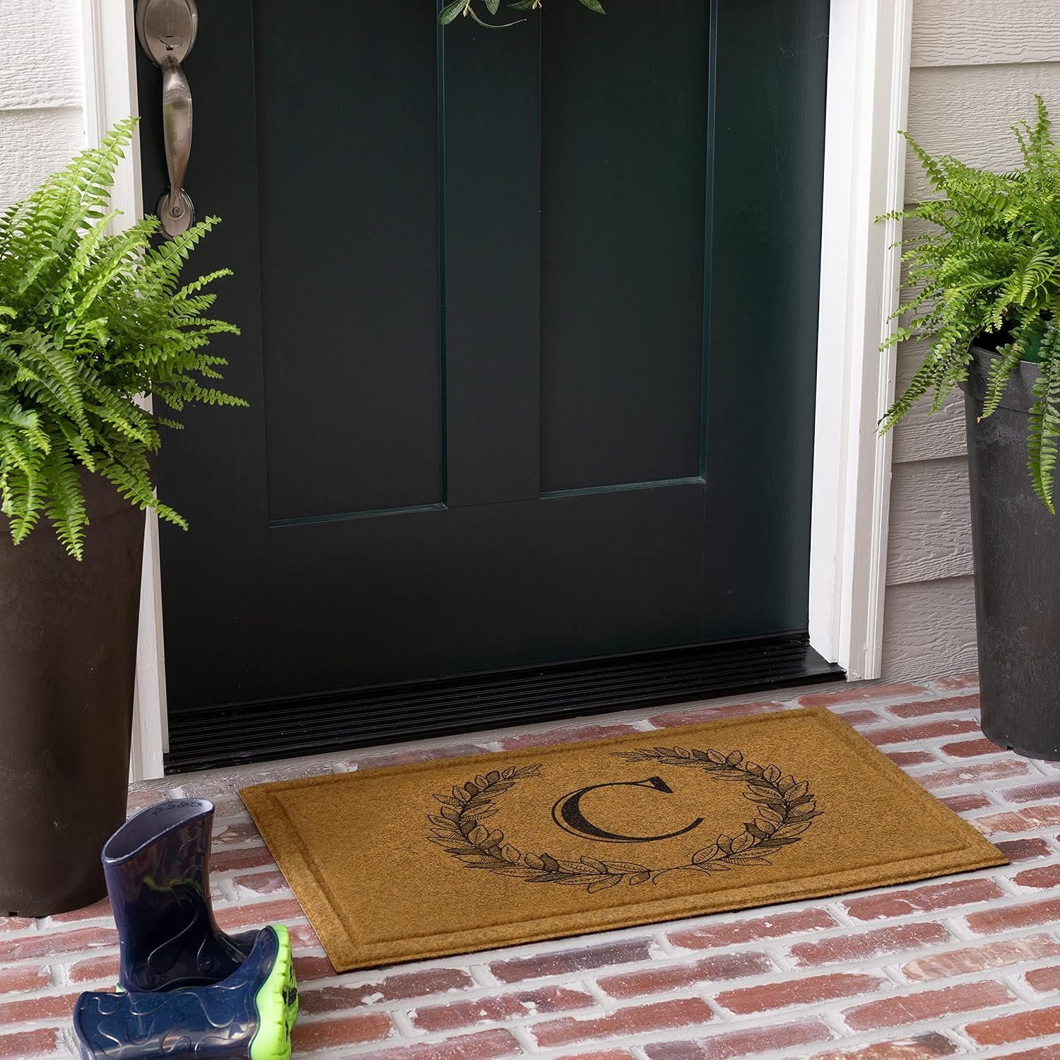 Mohawk Home Laurel Monogram C Low Pile Printed Faux Coir All Weather Eco Friendly Indoor/Outdoor Doormat, Natural, 1' 6" X 2' 6"
