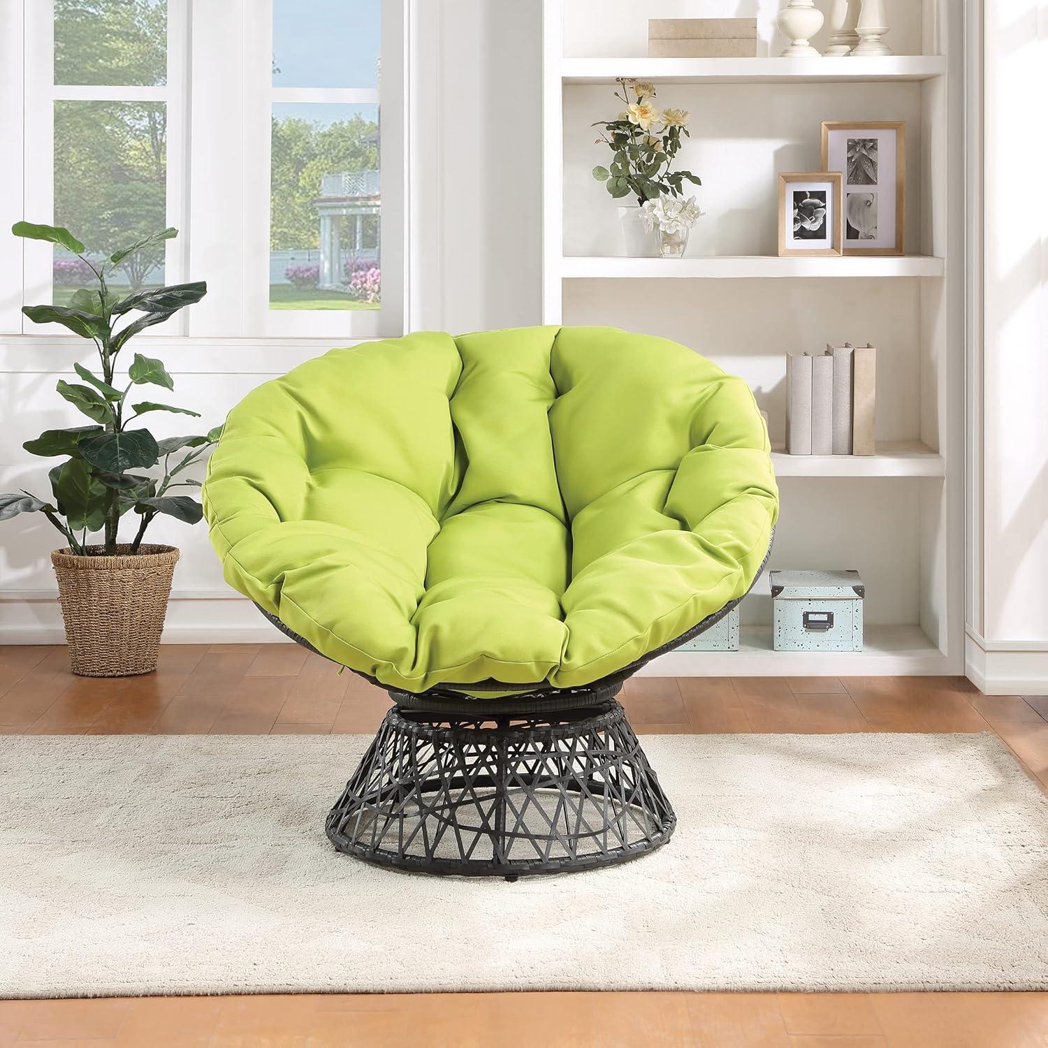 Papasan Chair with Green Fabric cushion and Black Resin Wicker Frame