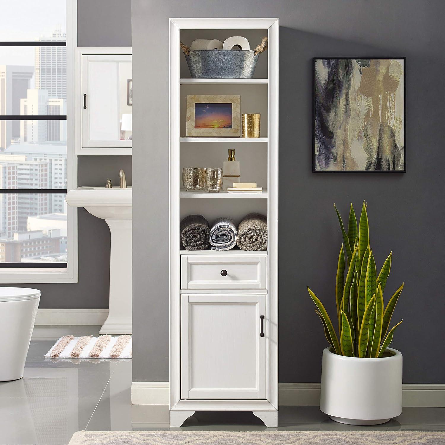 Crosley Furniture Tara Wood Classic Linen Cabinet in Vintage White/Black