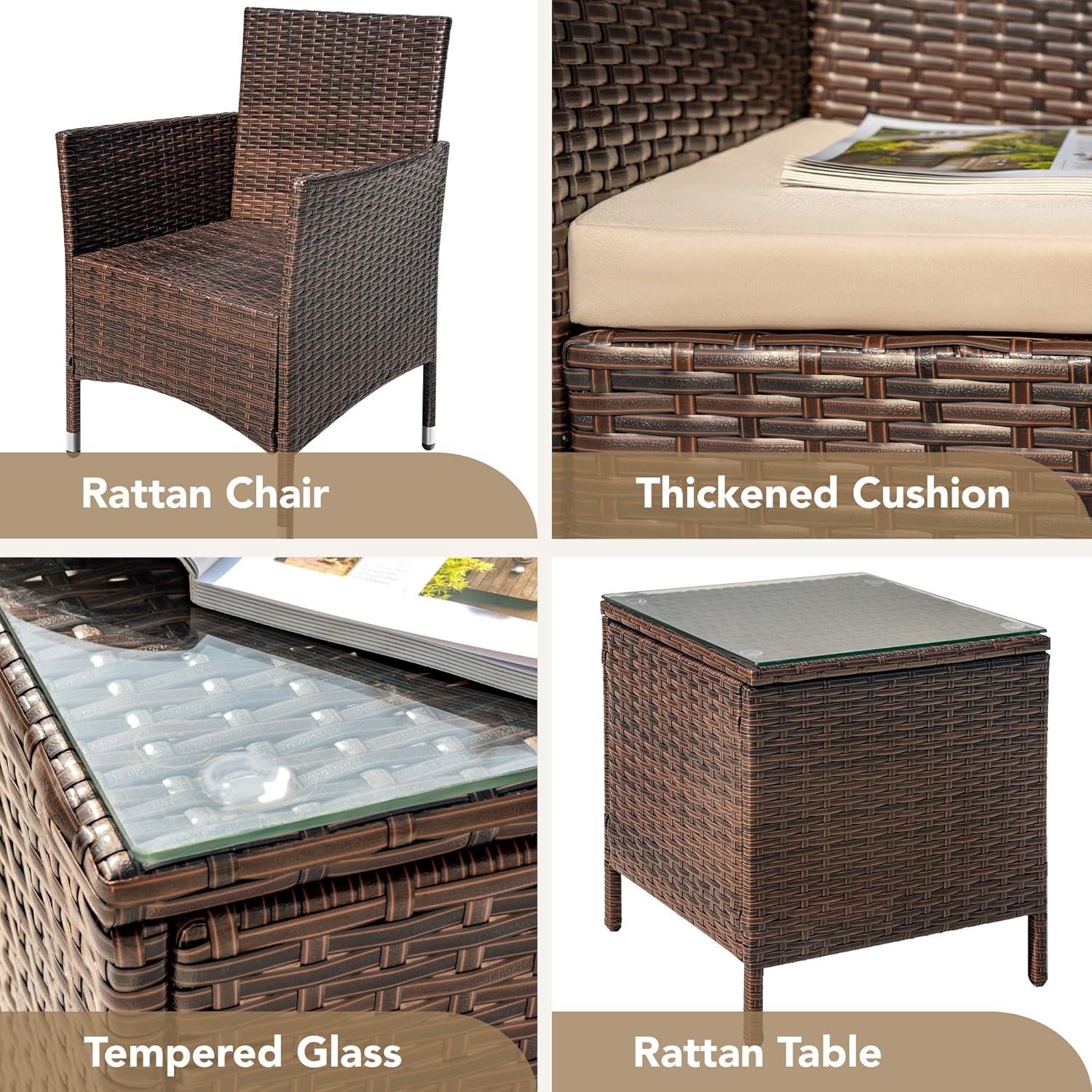 Brown and Beige 3-Piece Rattan Patio Furniture Set