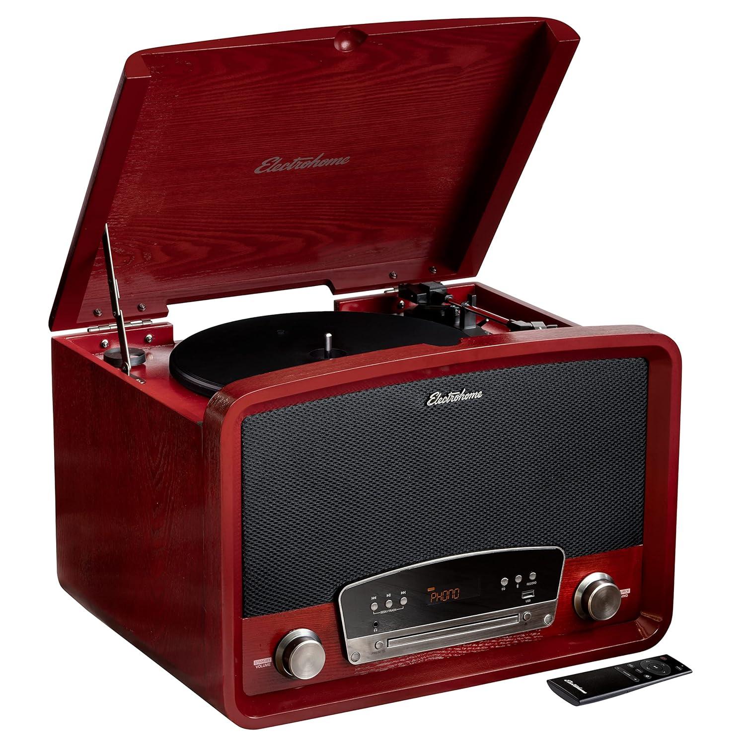 Electrohome Kingston Vintage Vinyl Record Player Stereo System - Turntable, Bluetooth, Radio, CD, Aux, USB, Vinyl to MP3 - Cherry