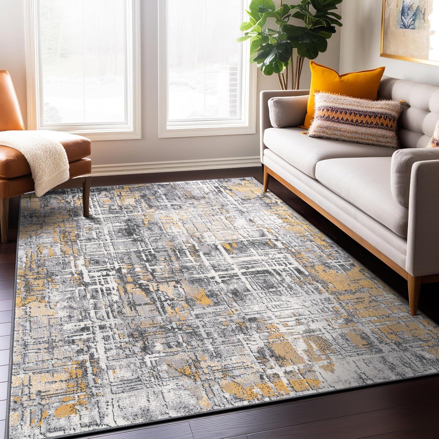 Yellow and Gray Abstract 5' x 7' Stain-Resistant Synthetic Area Rug