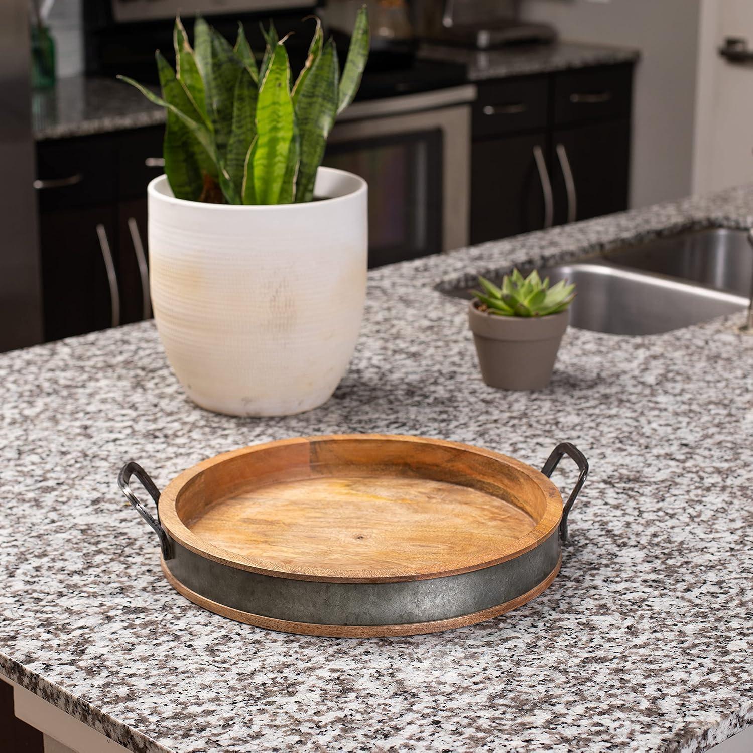 Large Round Wooden Breakfast Tray with Iron Handles