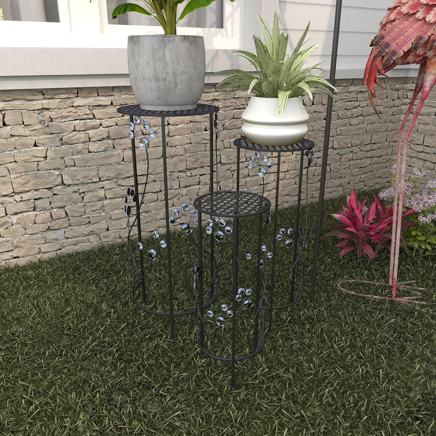 Set of 3 Black Iron Plant Stands with Floral Accents