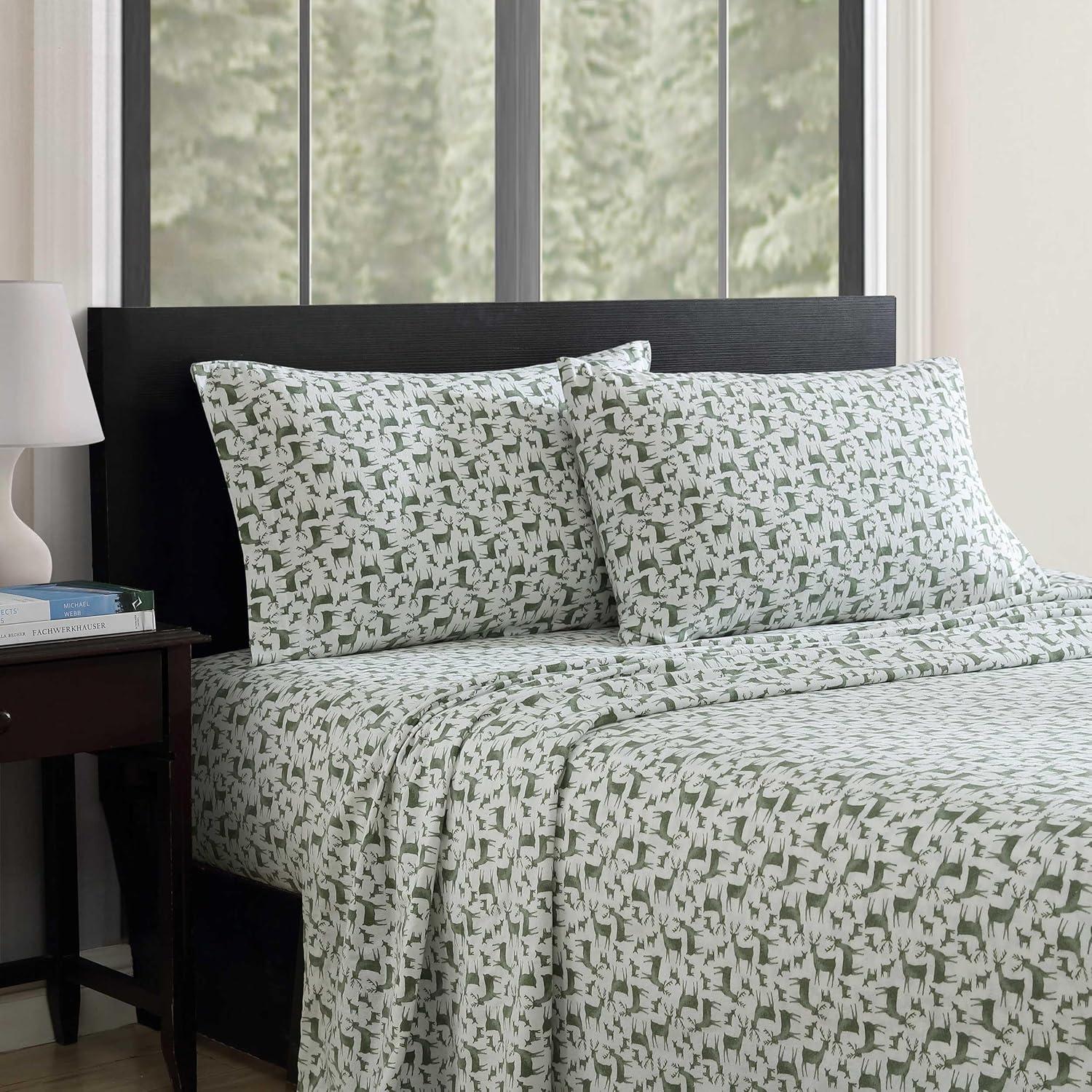 Eddie Bauer Deer Camp Green 100% Cotton Flannel Twin Sheet Set