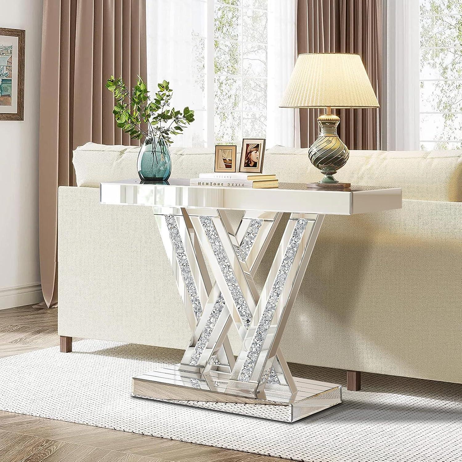 Modern Entryway Console Table With Crushed Diamond Inlay, 35" Silver Mirrored Glass Hallway Table For Entryway, Glam Decorative Sofa Tables For Living Room