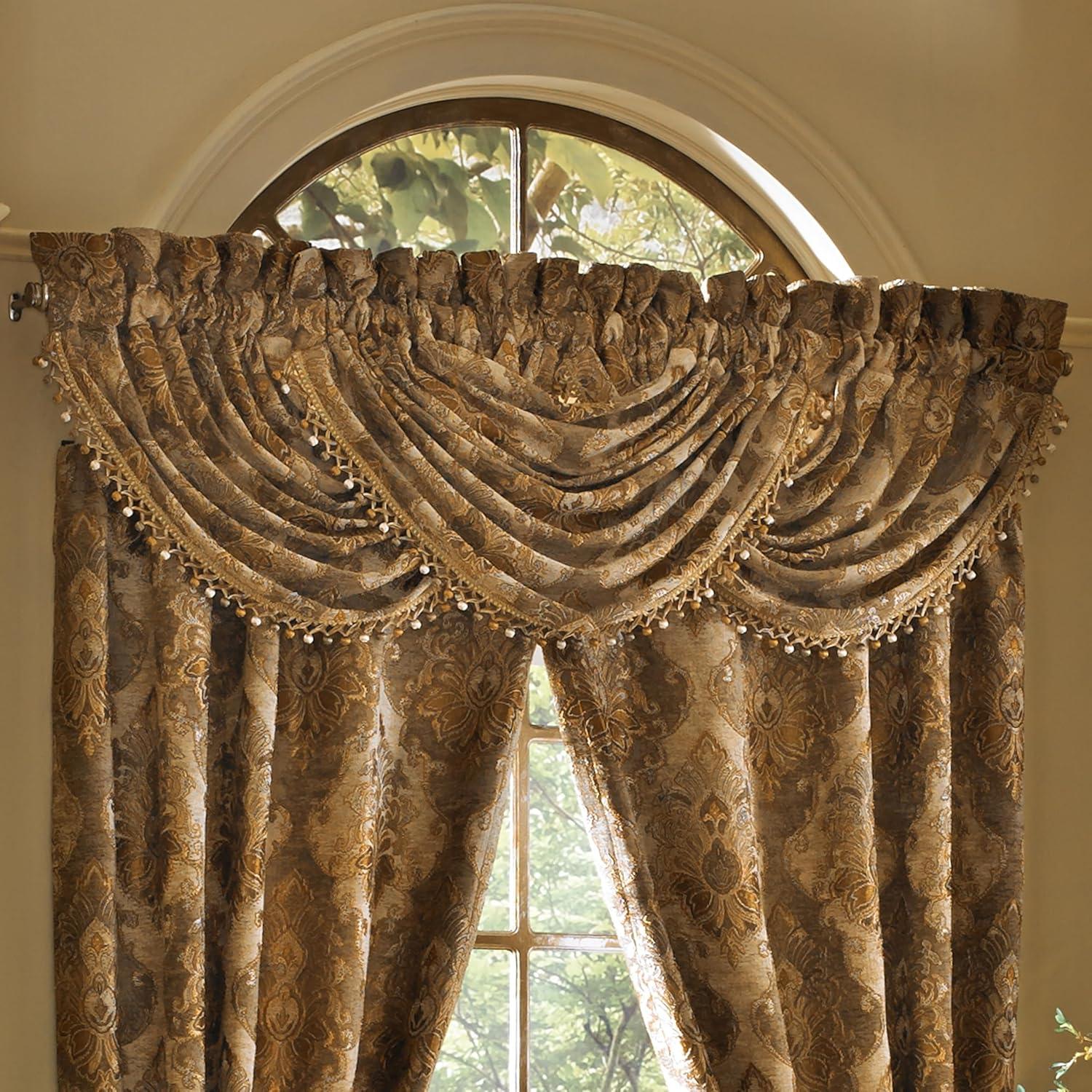 Natural Chenille Damask Waterfall Valance with Tassel Fringe