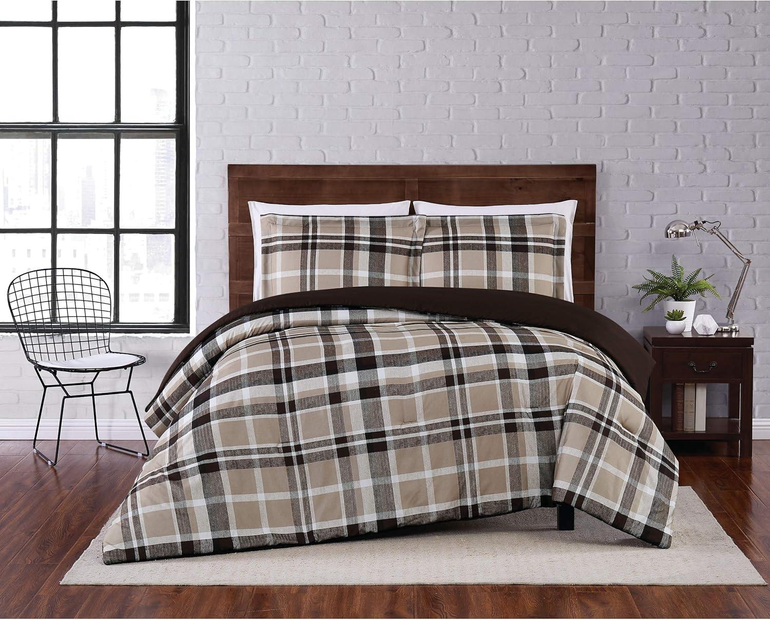 Taupe Plaid Microfiber Full Comforter Set with Shams