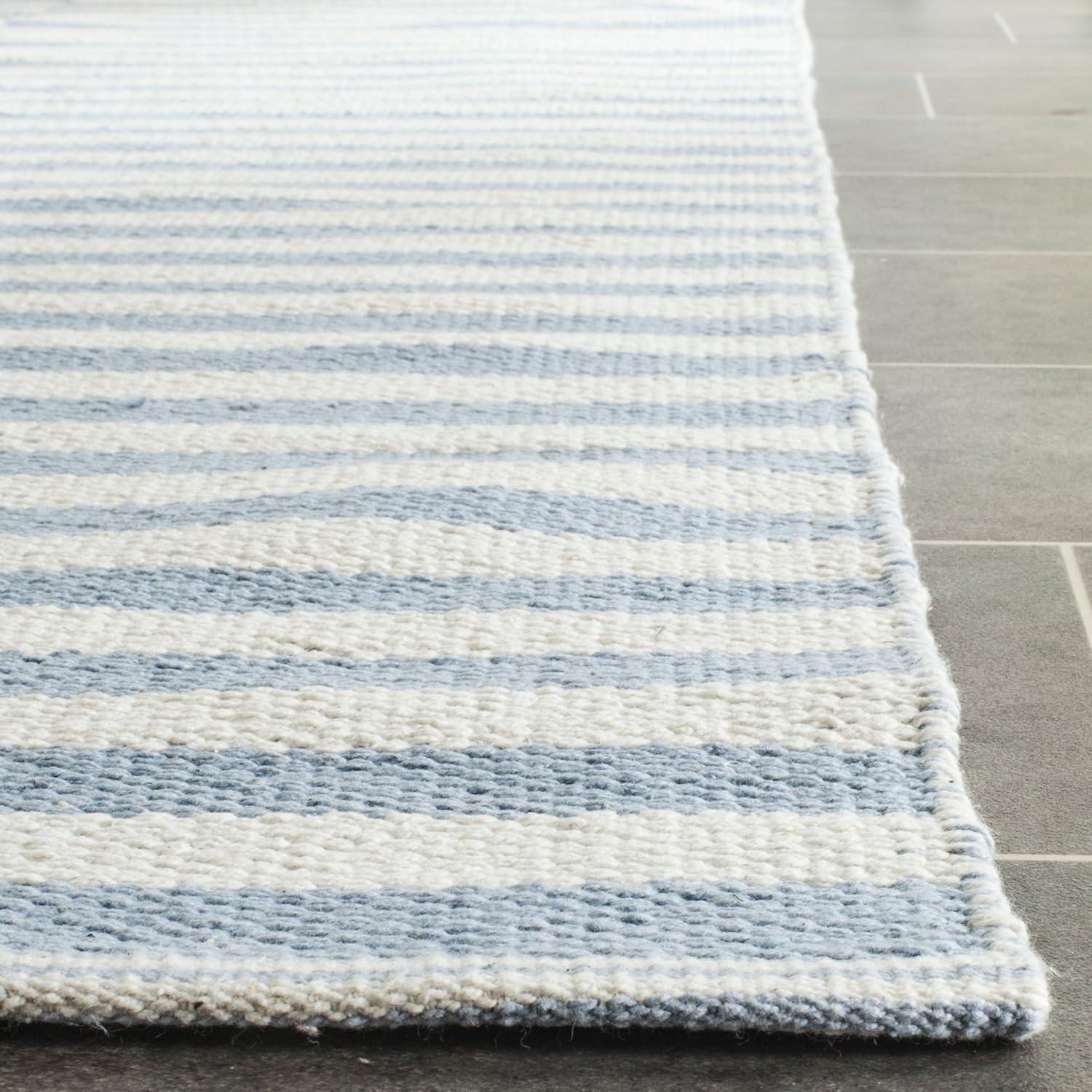 Ivory and Light Blue Handmade Cotton Stripe Rug 5' x 7'