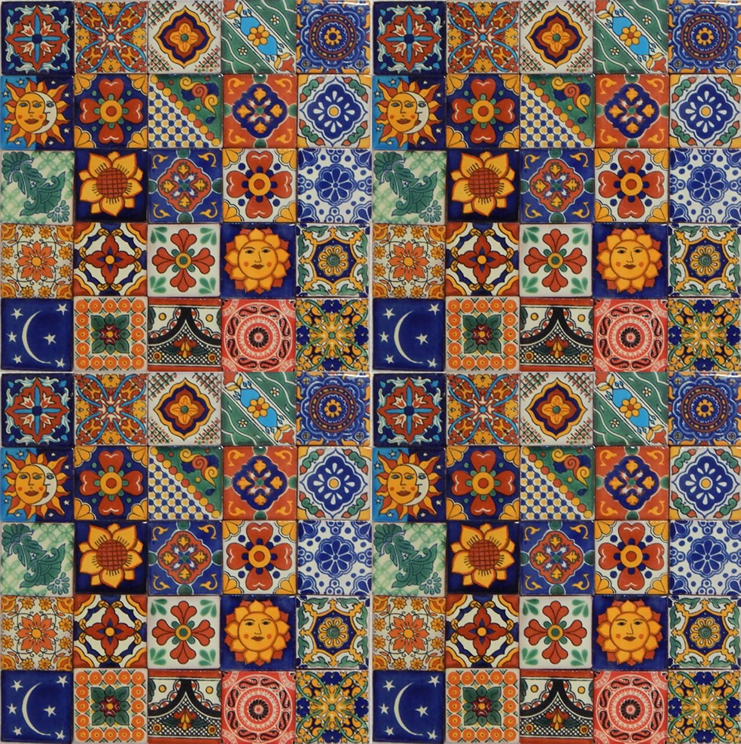 Hand Painted Talavera Mexican Ceramic Tiles, 2"x2", Multicolor, 100 Count