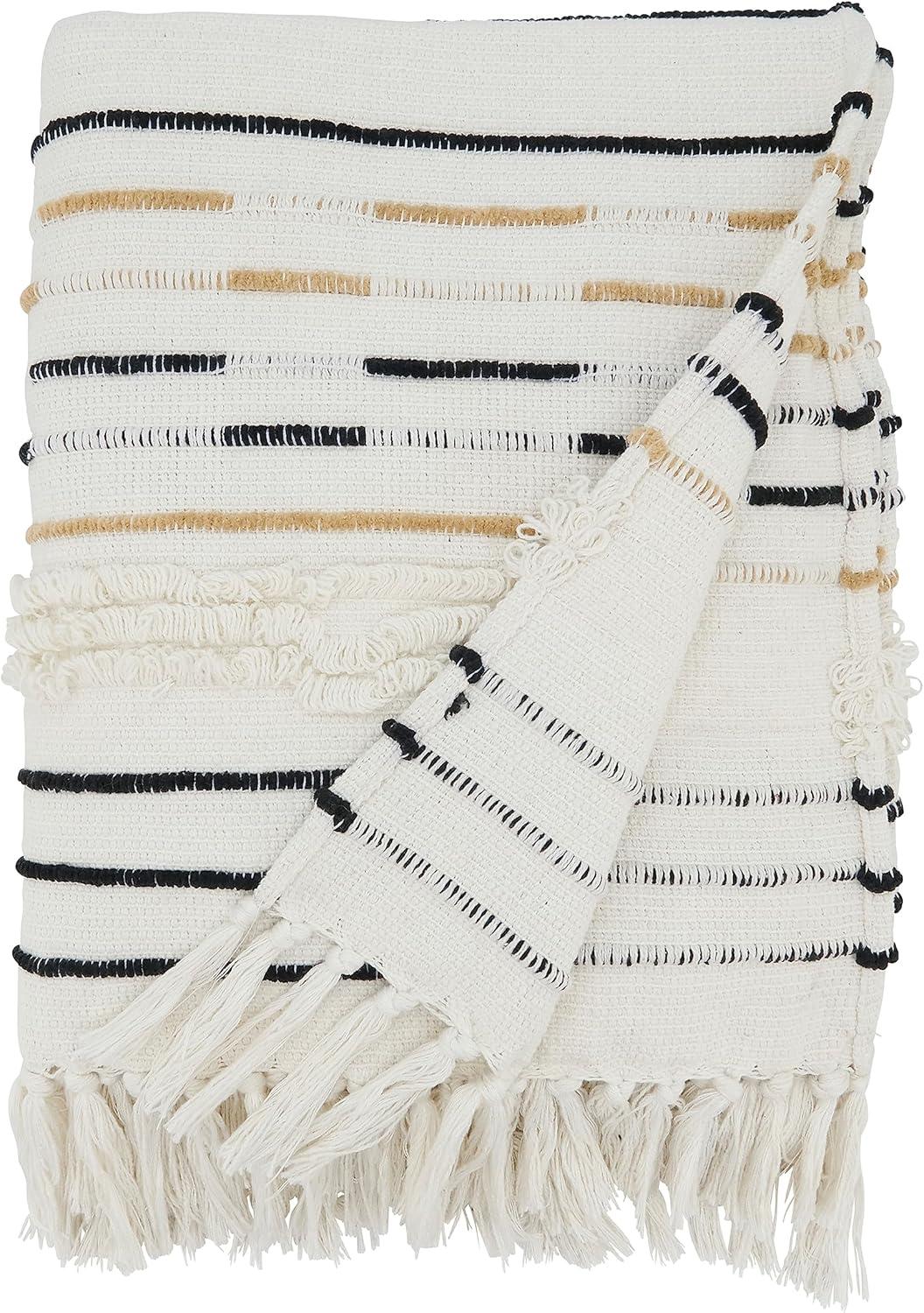 50"x60" Woven Sophistication Corded Fringe Throw Blanket Ivory - Saro Lifestyle