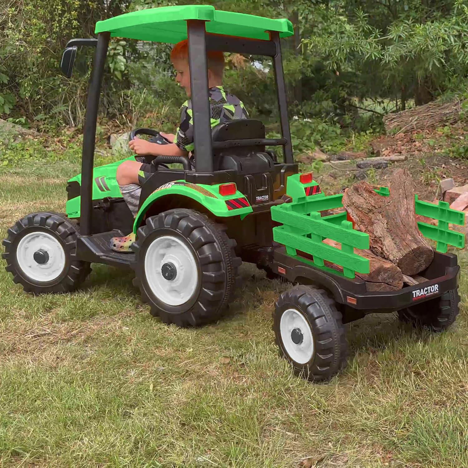 24V Green Ride-On Tractor with Trailer and Loader