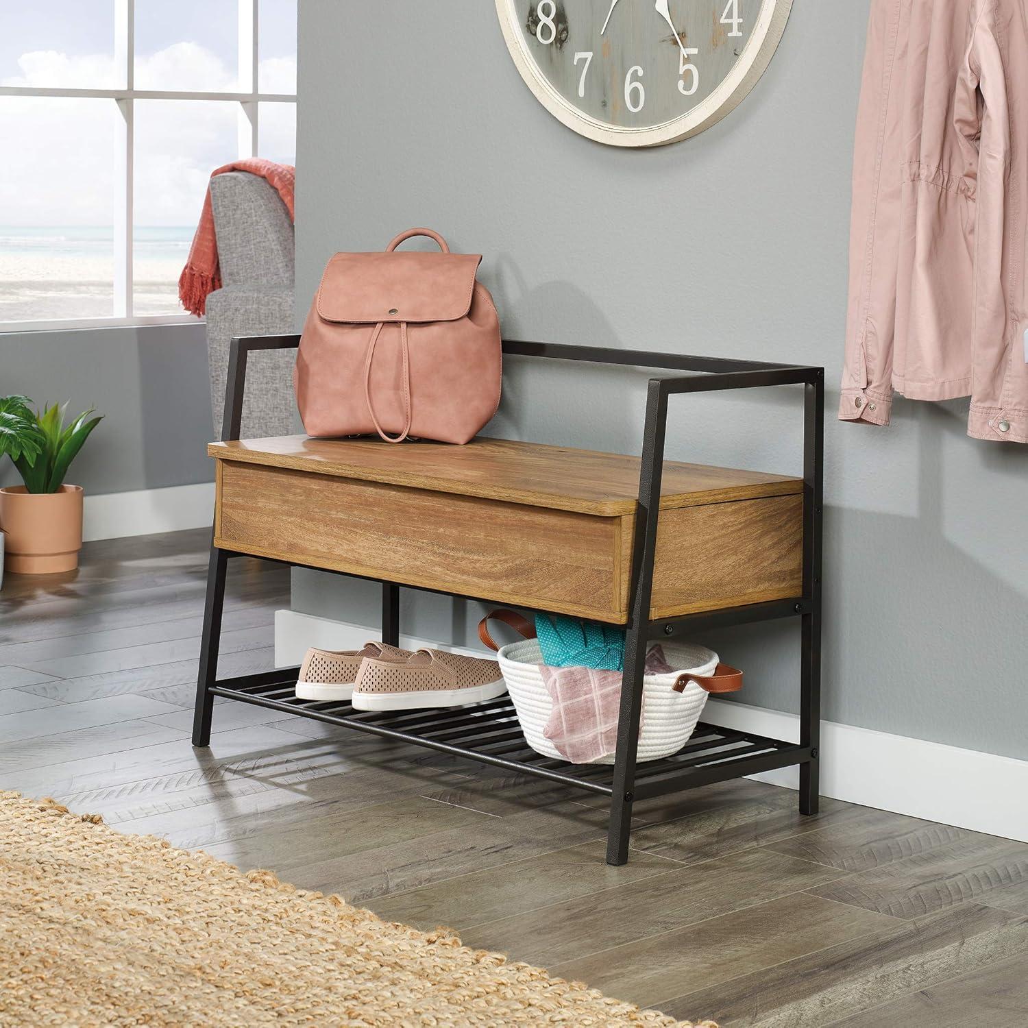 Sindoori Mango and Black Metal Entryway Bench with Hidden Storage