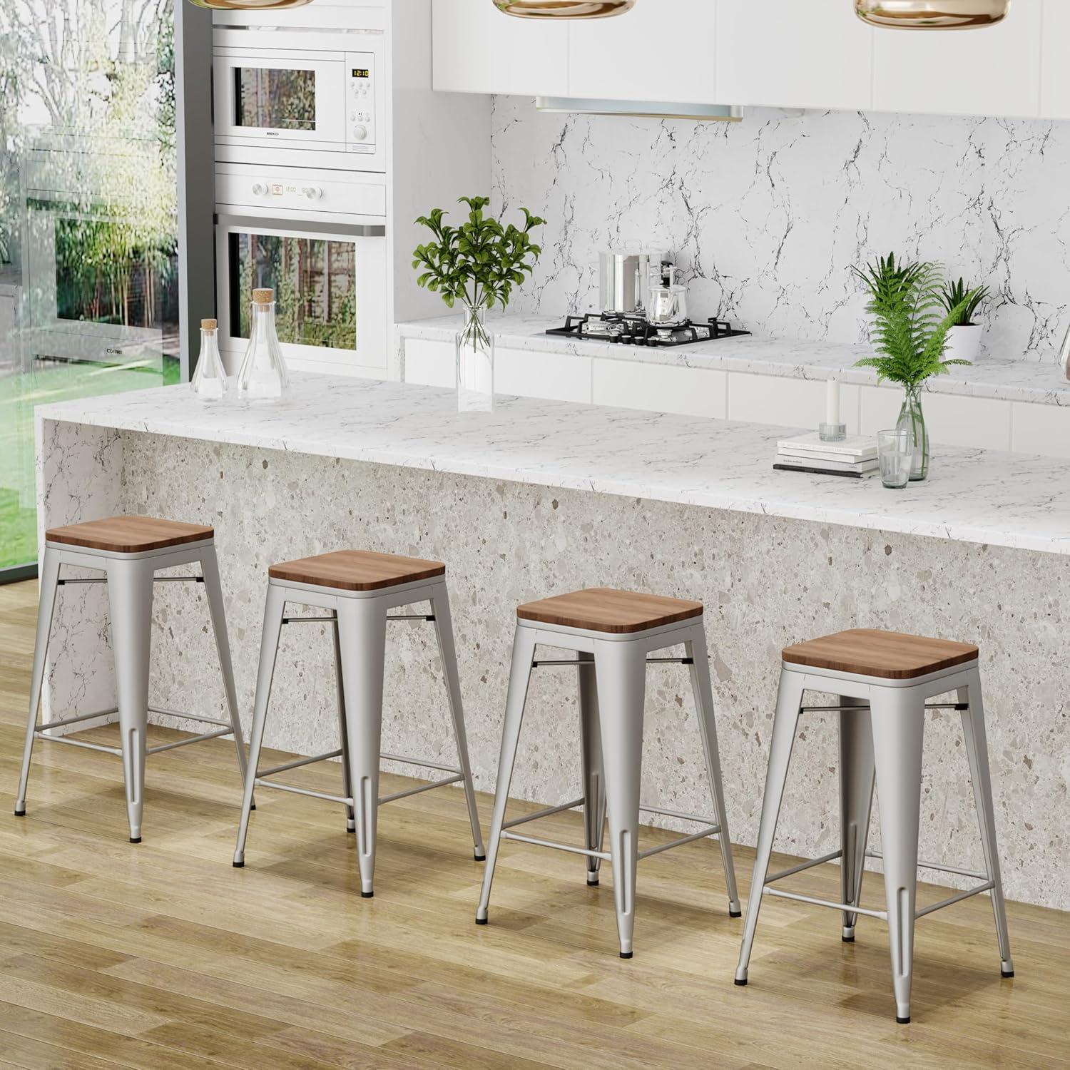 Drevy 26" Metal Counter Height Bar Stools Set of 4 Industrial Backless Kitchen Patio Counter Stool Stackable Barstools Wood Top-Silver