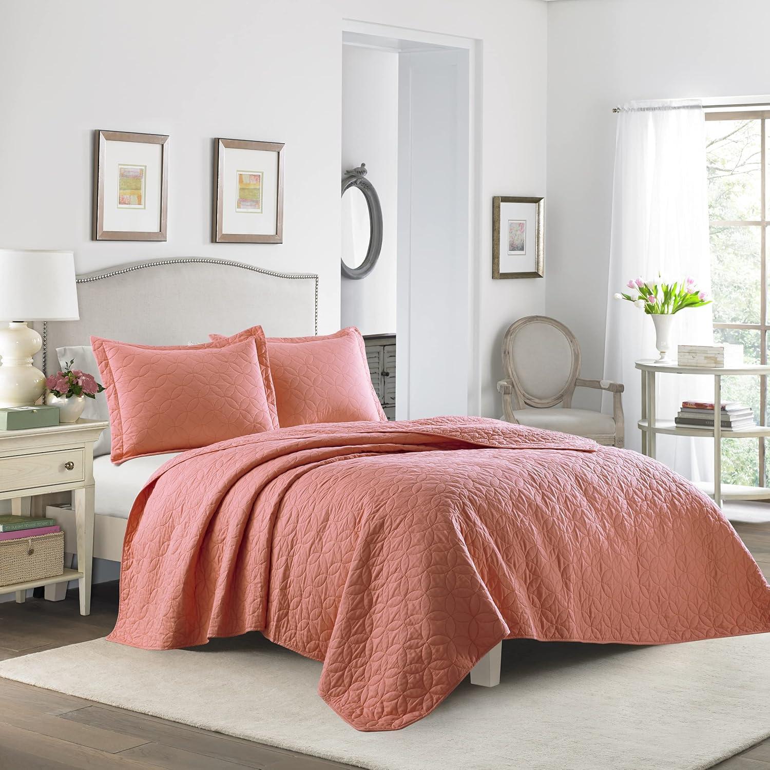 Blush Coral Reversible Cotton King Quilt Set