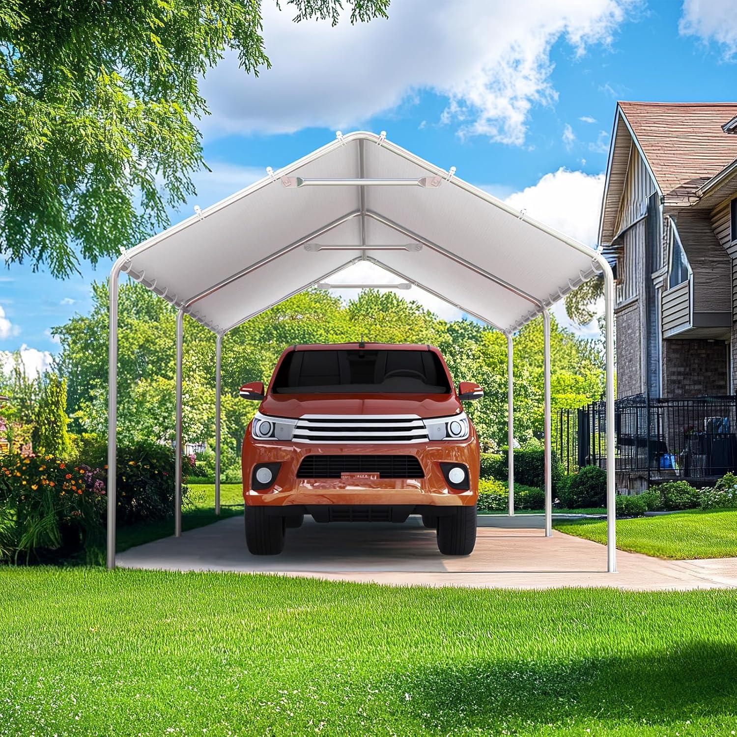 Quictent 10x20 ft Heavy Duty Carport Canopy Galvanized Car Tent Outdoor Garage Boat Shelter with Reinforced Structure, No Sidewall - White