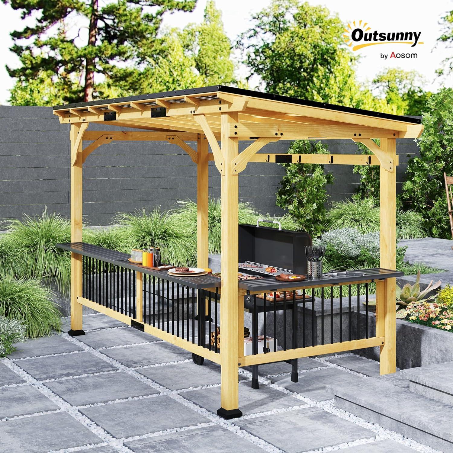 Outsunny 13' x 6' Wooden Grill Gazebo, Hardtop Outdoor BBQ Gazebo with with Metal Roof, 2 Bar Shelves and 6 Hooks for Patio, Deck, Yard, Natural