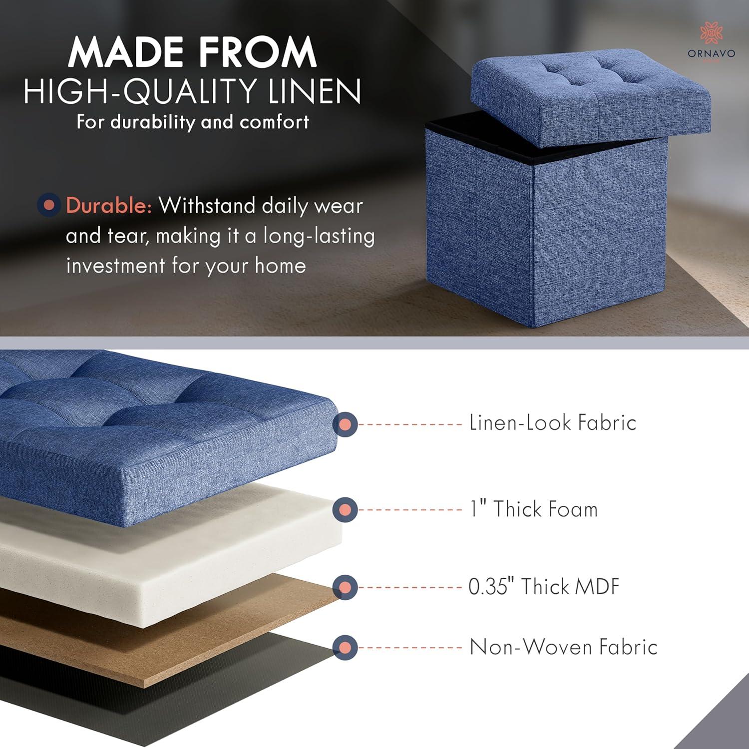 Ornavo Home Foldable Tufted Linen Storage Ottoman Cube Foot Rest Stool Seat - 15" x 15" (Navy Blue)
