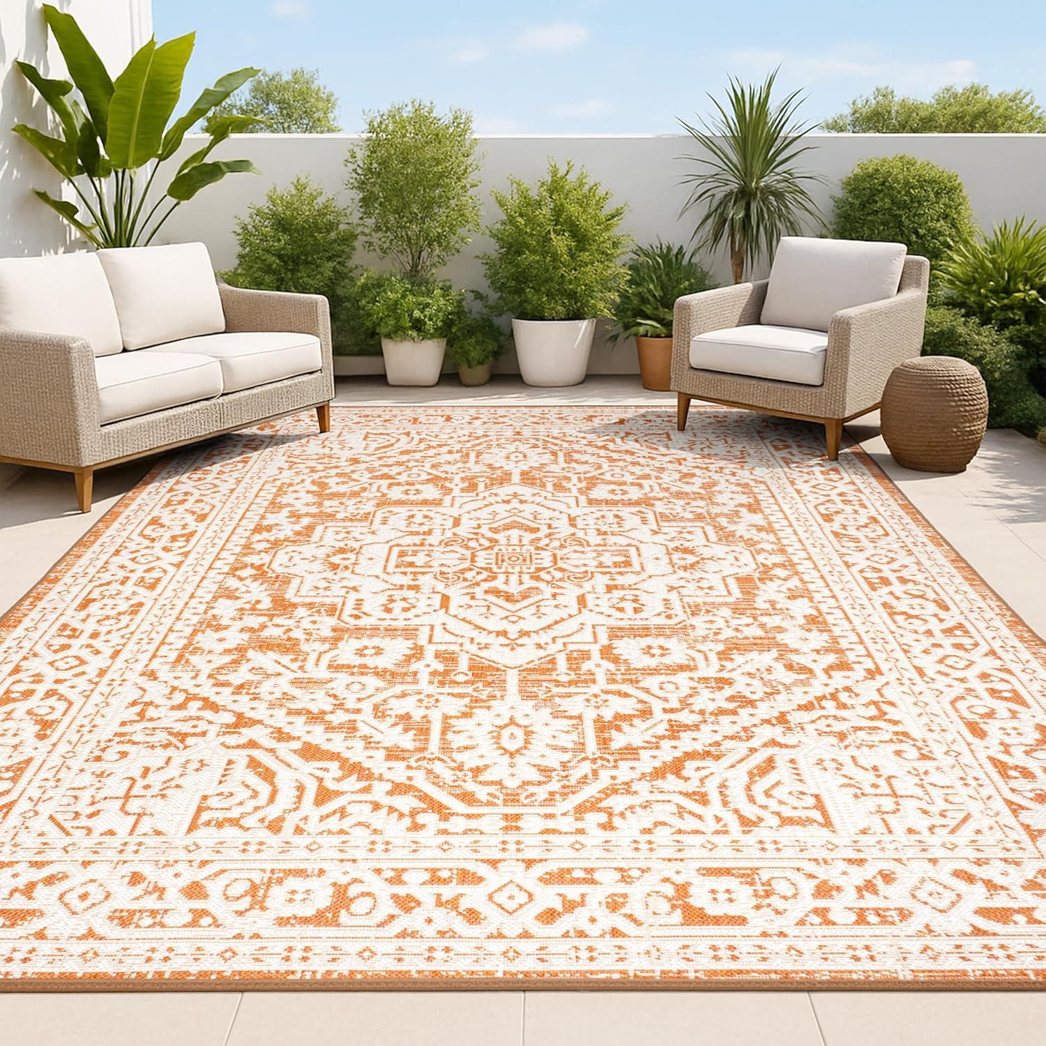 3' x 5' Sinjuri Medallion Textured Weave Indoor/Outdoor Area Rug, Orange/Cream - JONATHAN Y