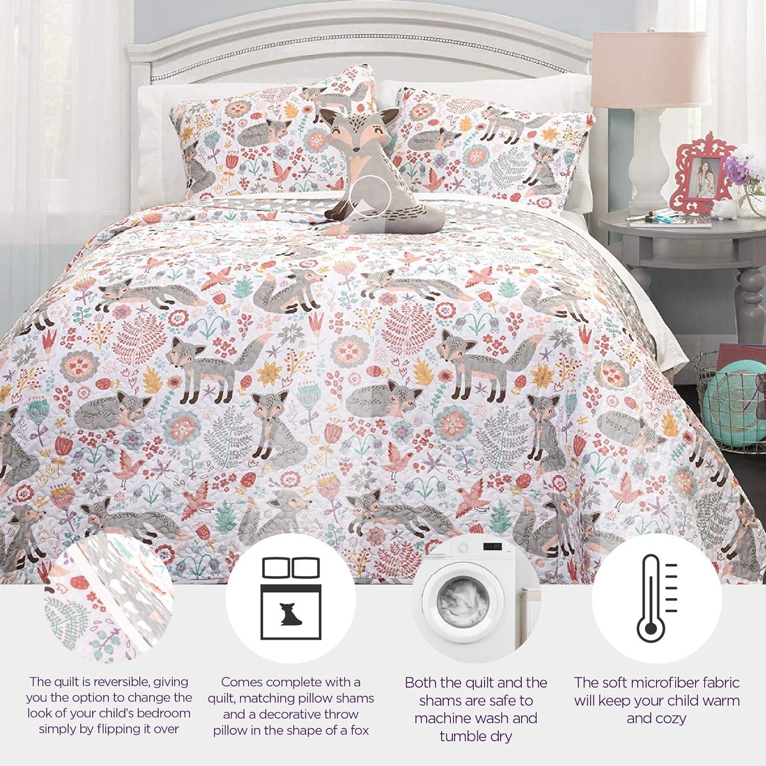 Lush Decor Pixie Fox Kids Animal Print Reversible Quilt, Twin, Gray/Pink, 3-Pc Set