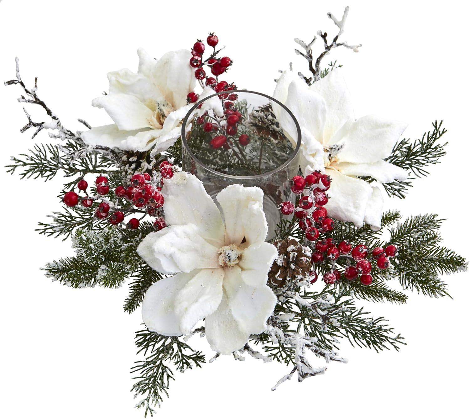 6.5" x 17" Artificial Frosted Magnolia and Berry Plant Arrangement Candelabrum - Nearly Natural: Christmas Decor Centerpiece