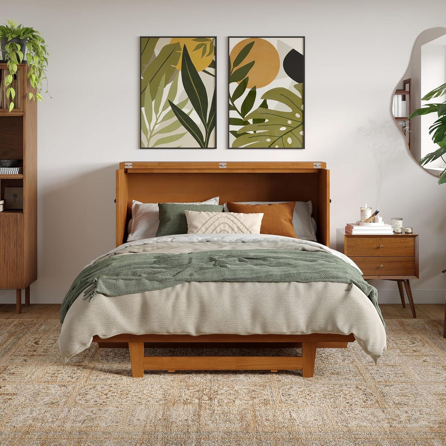 AFI Santa Fe Full Wood Murphy Bed Chest with Mattress and Built-in Charger, Light Toffee