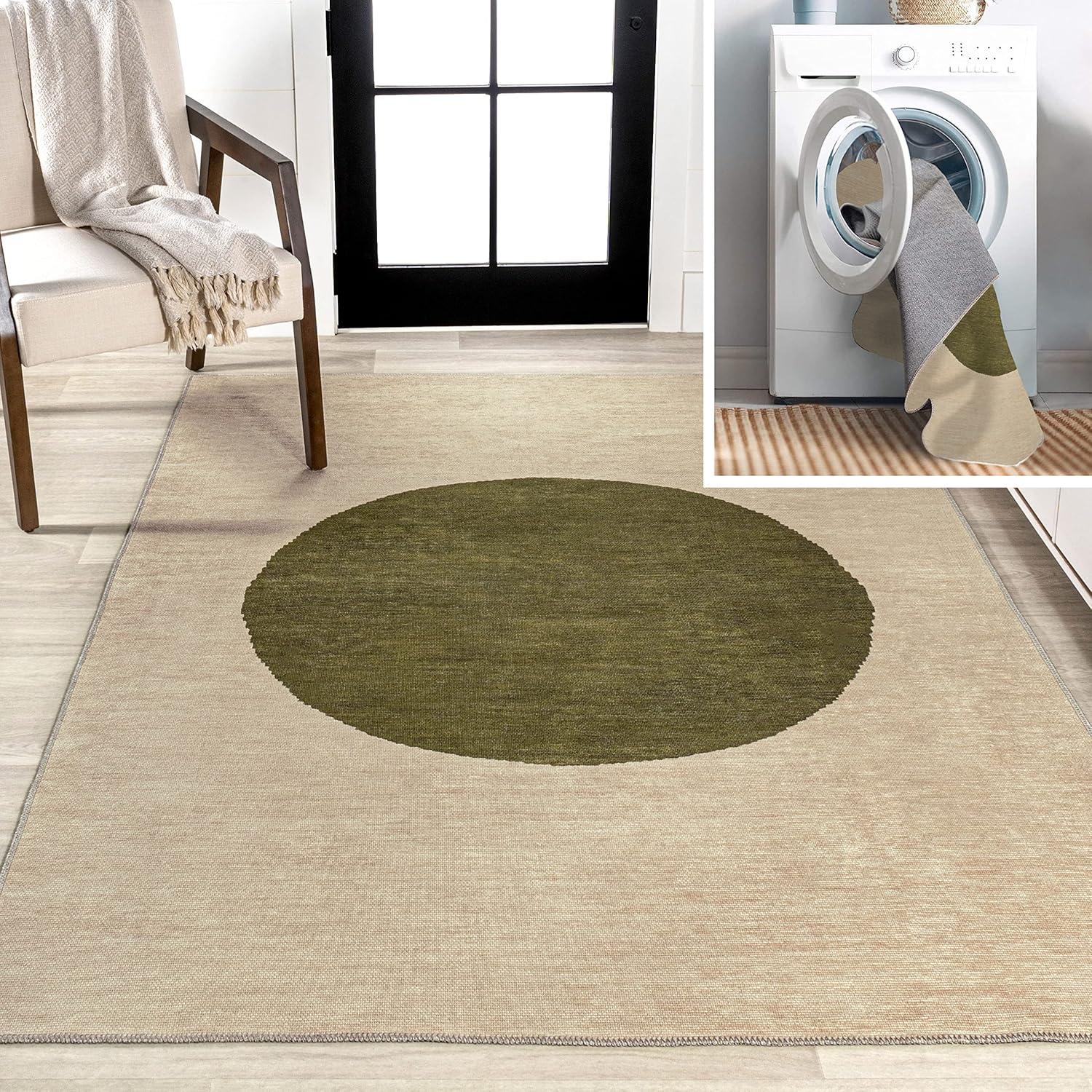 5' x 8' Cirkel Minimalist Geometric Dot Machine-Washable Area Rug, Cream/Olive - JONATHAN Y