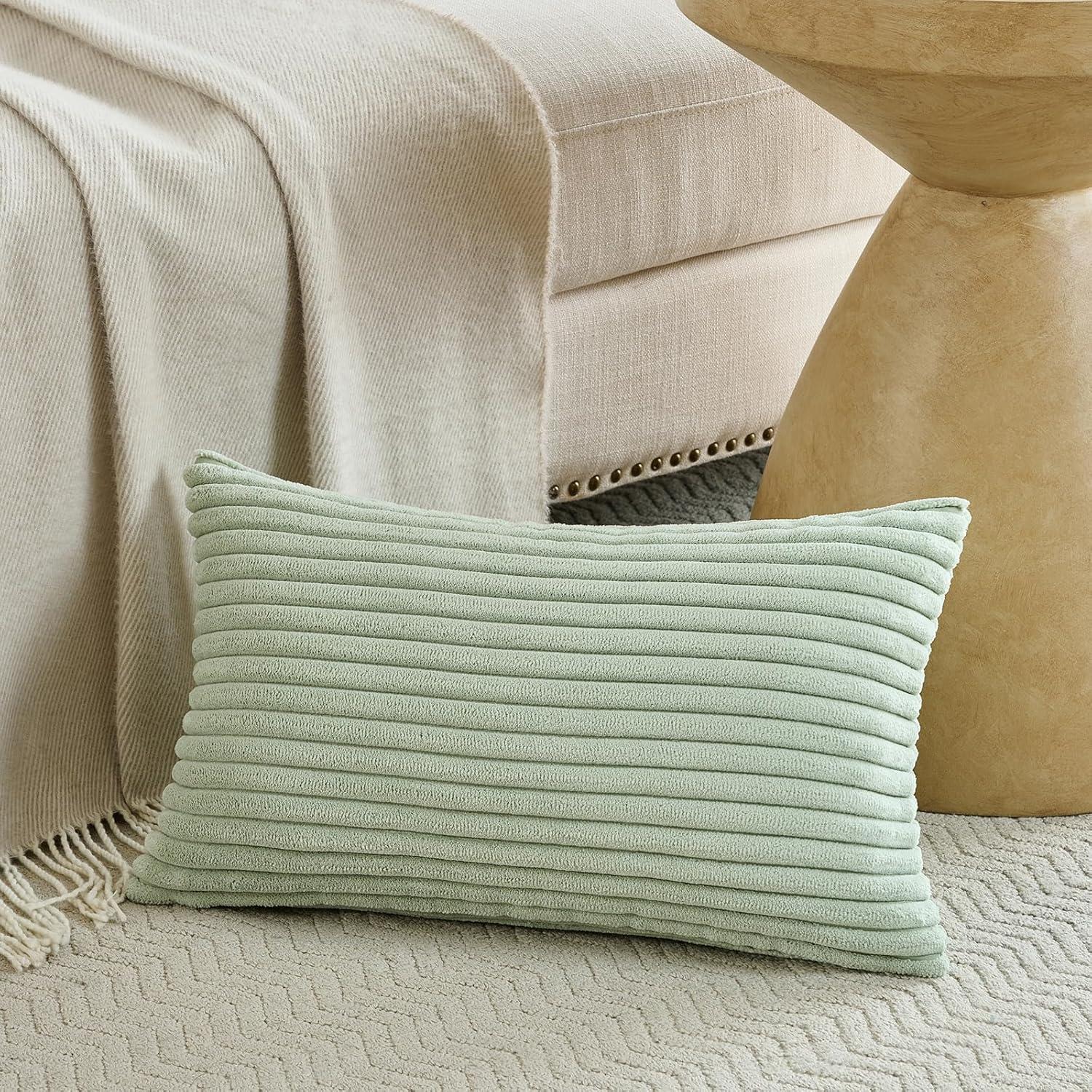 Boho Sage Green Striped Corduroy Pillow Covers - Set of 2 | Farmhouse Rectangle Cushion Cases for Sofa Couch Bed | Soft Decorative Throw Pillowcases - 12x20 Inch Home Decor