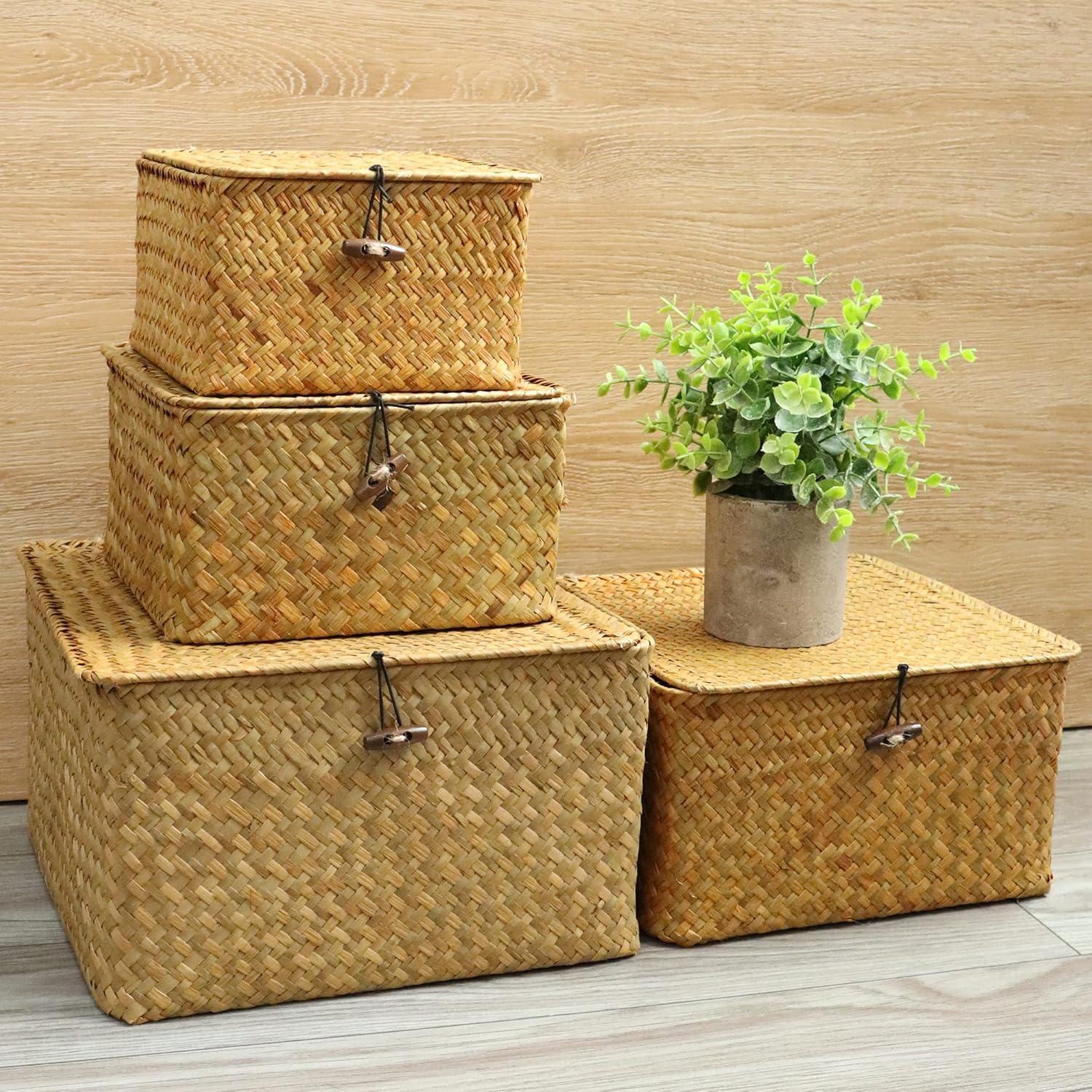 Wicker Shelf Baskets with Lid, Handwoven Seagrass Storage Basket Bins Square Gift Boxes for Shelves Home Decor Organizer (Natural, Set of 4)