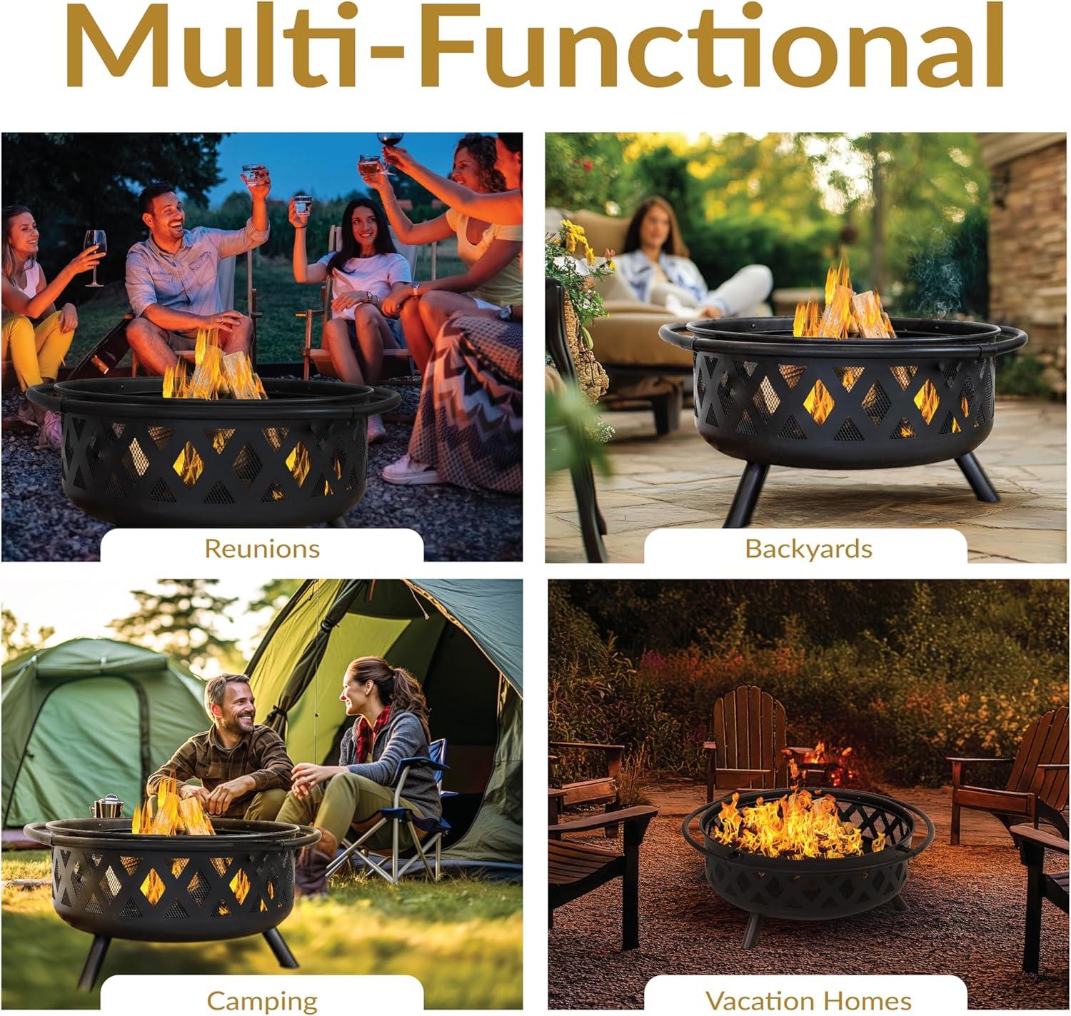 Sunnydaze Outdoor Camping or Backyard Round Crossweave Cut Out Fire Pit with Spark Screen, Log Poker, and Cover - 36"