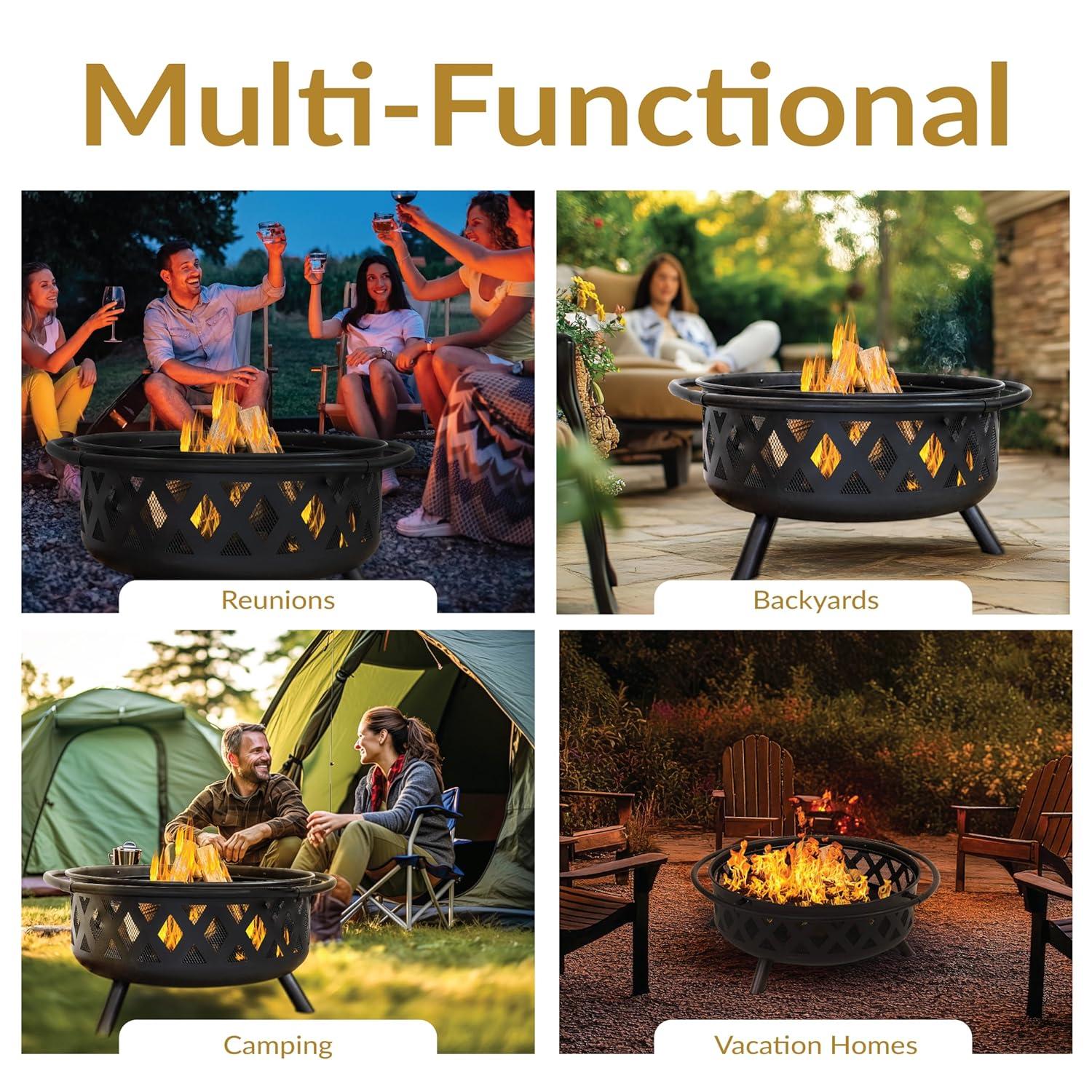 Sunnydaze Outdoor Camping or Backyard Round Crossweave Cut Out Fire Pit with Spark Screen, Log Poker, and Cover - 36"
